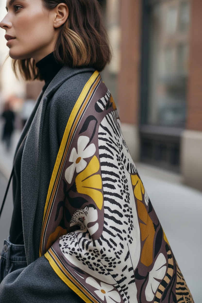 Karre mit floralem Tigerdesign aus Seide mit Modal in Goldbraun – Panteo