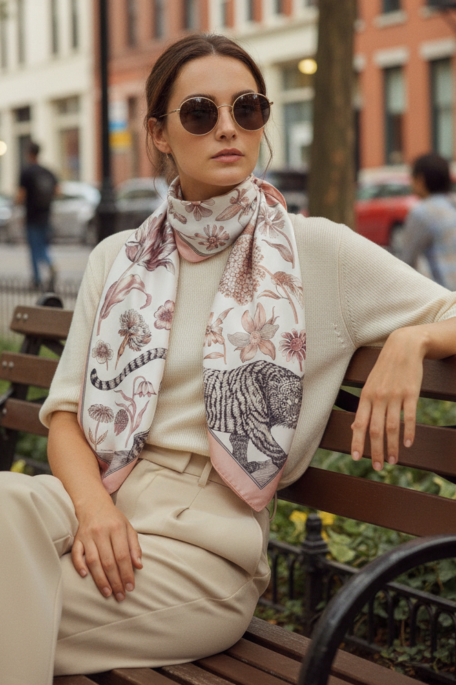 Karre aus 100% Wolle mit Tiger- und Blumendesign in Weiß und Rosa – Gustav