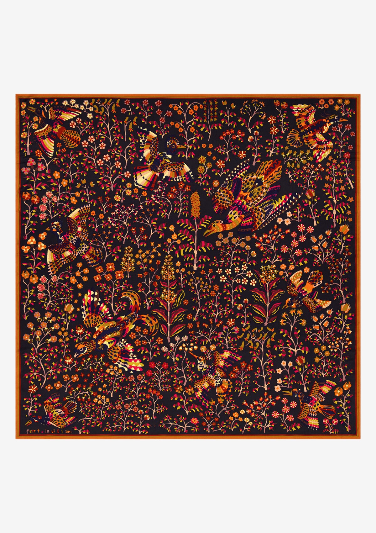 Karre aus Seide und Modal mit floralem Vogeldesign in Schwarz – Rene Perrot
