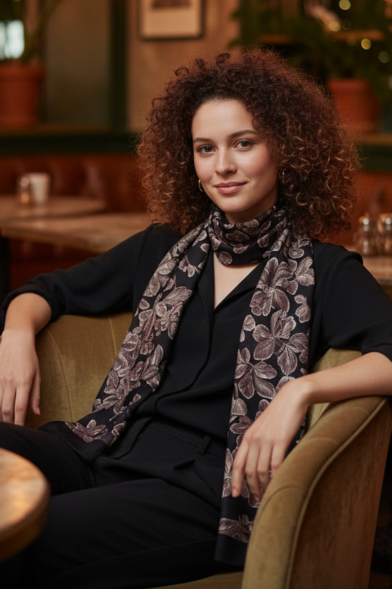 Schal aus 100 % Wolle mit botanischem Muster in Schwarz – Arboris
