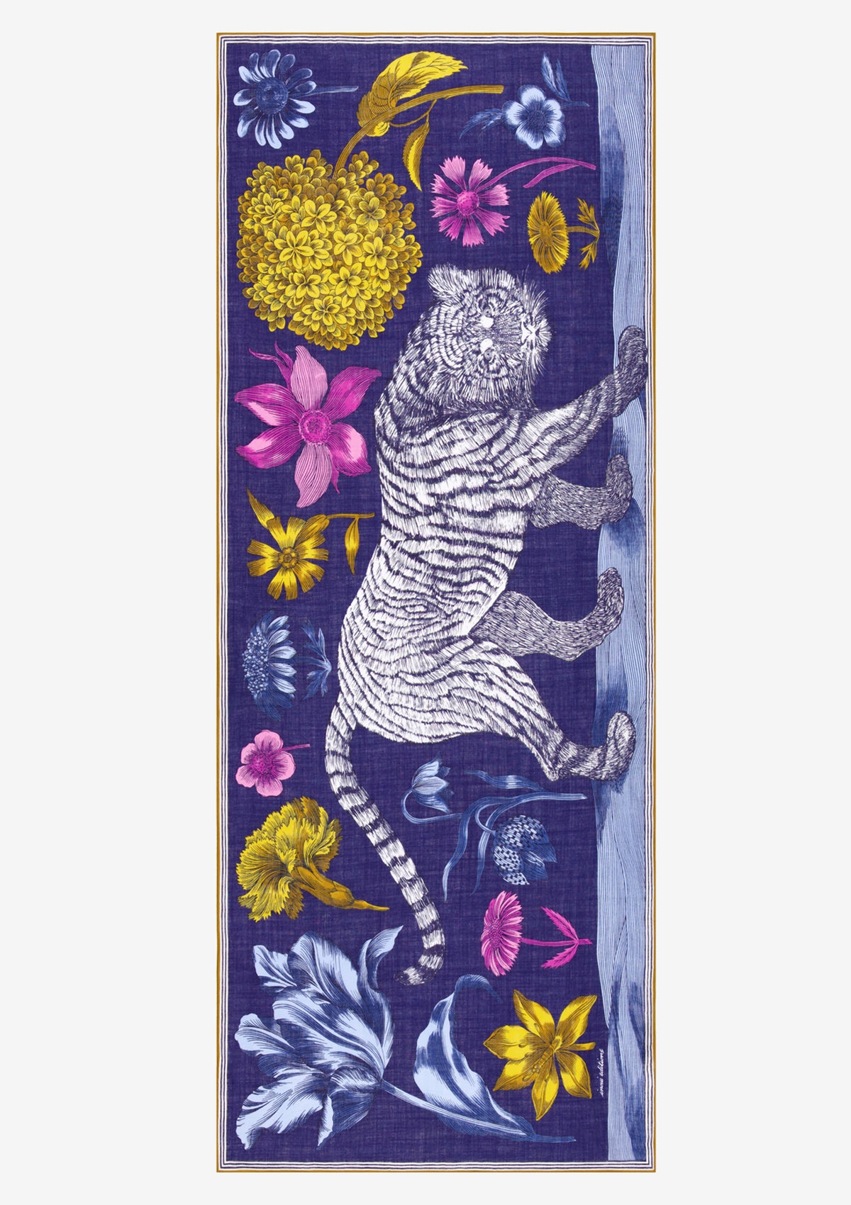 Schal aus 100% Wolle mit Tiger- und Blumendesign in Navy – Gustav