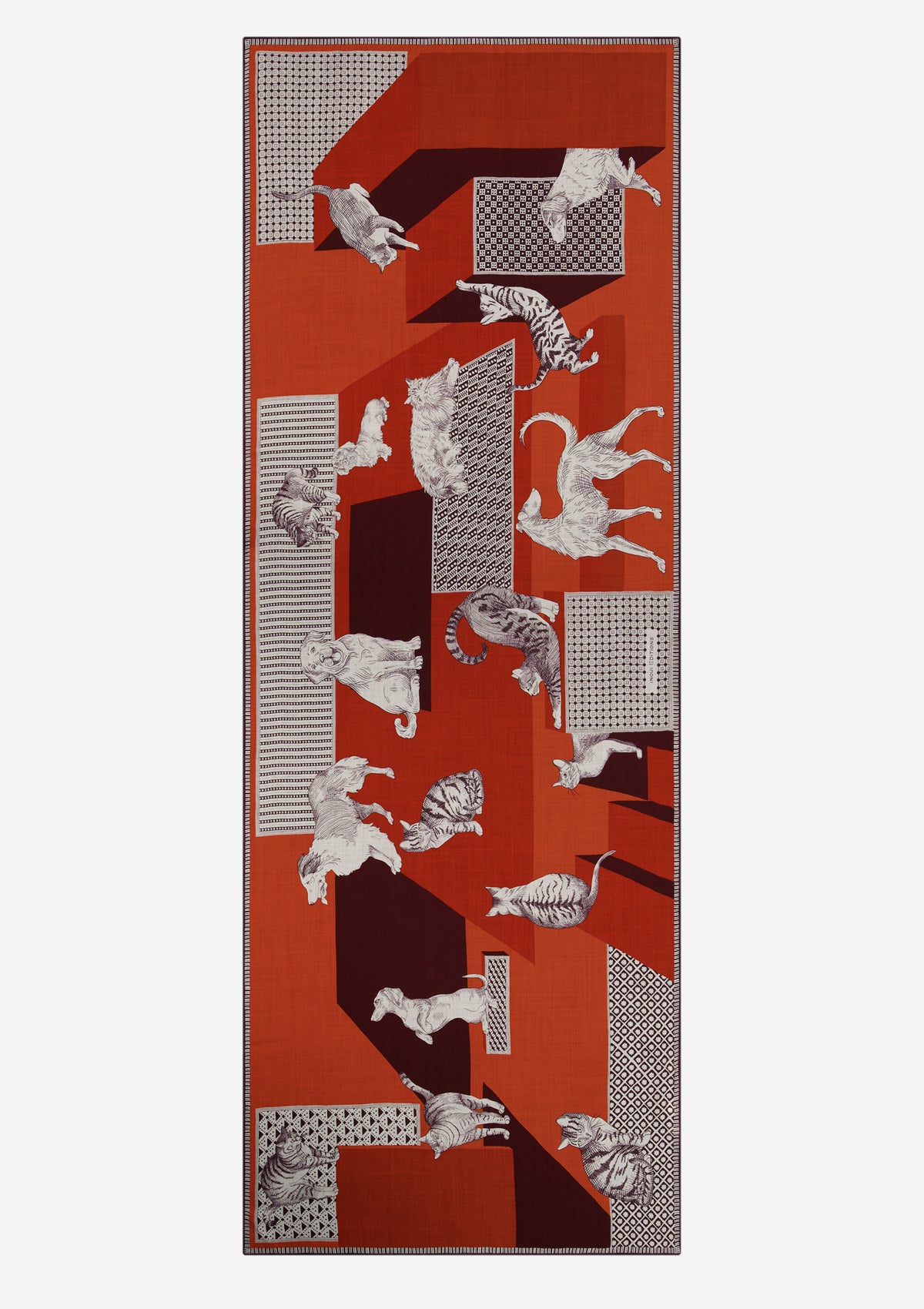 Schal aus 100% Wolle mit modernen Tiermotiven in Rot-Orange – Les Cheris