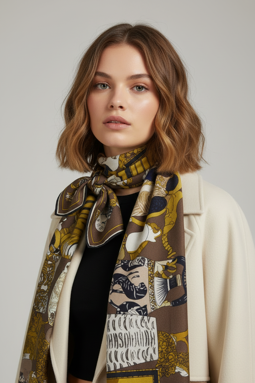 Schal aus 100% Wolle mit vielfältigen Tiermotiven in Khaki – Collectionneur