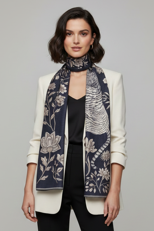 Schal aus 100% Wolle mit Tiger- und Blumendesign in Schwarz – Gustav