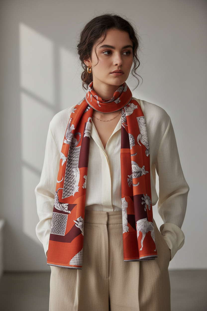 Schal aus 100% Wolle mit modernen Tiermotiven in Rot-Orange – Les Cheris