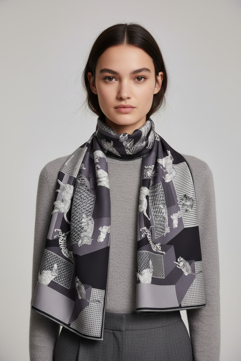 Schal aus 100% Wolle mit modernen Tiermotiven in Schwarz – Les Cheris