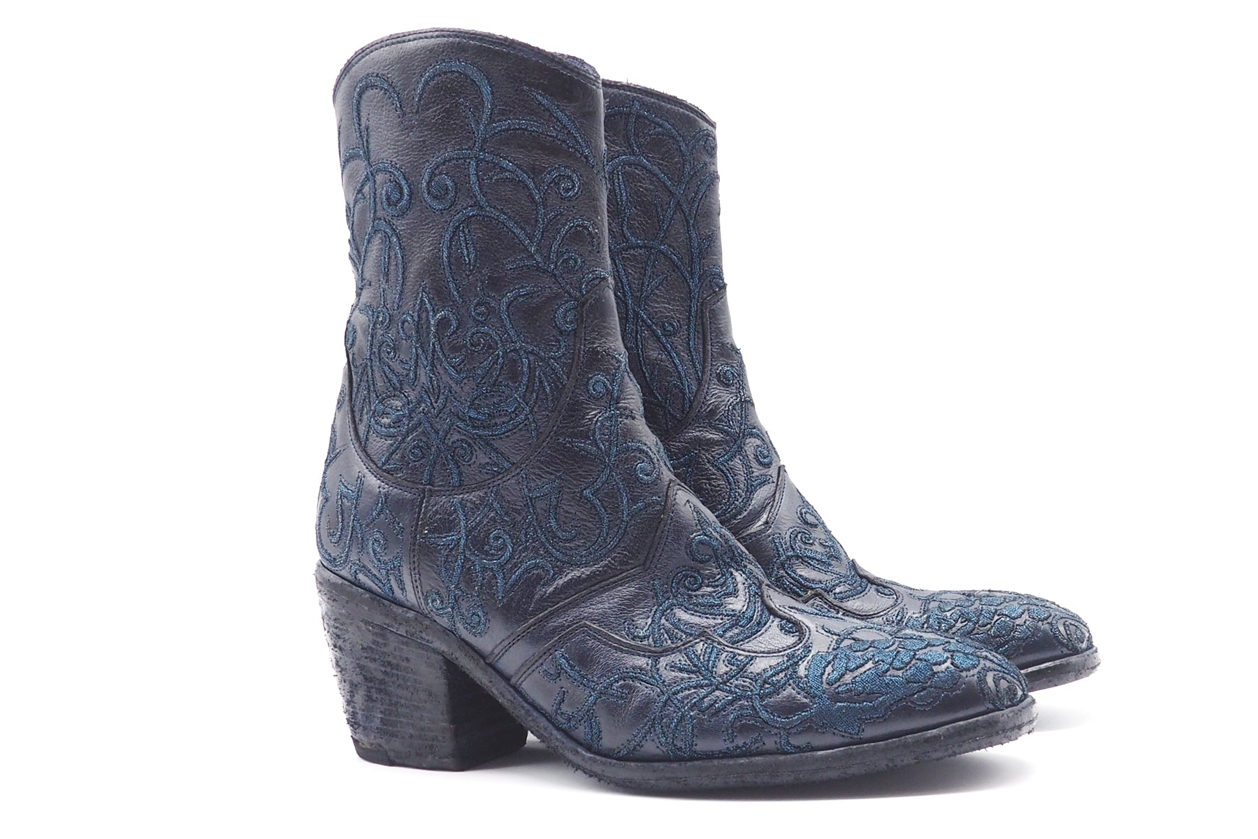 Damen Stiefelette im Westernstil in Blau - Glanz bestickt -  6cm Absatz - Hand gefertigt