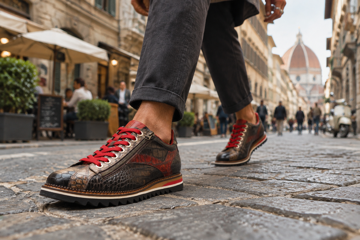 Extravaganter Herren Sneaker aus geprägtem Leder in Braun, Schwarz & Rot