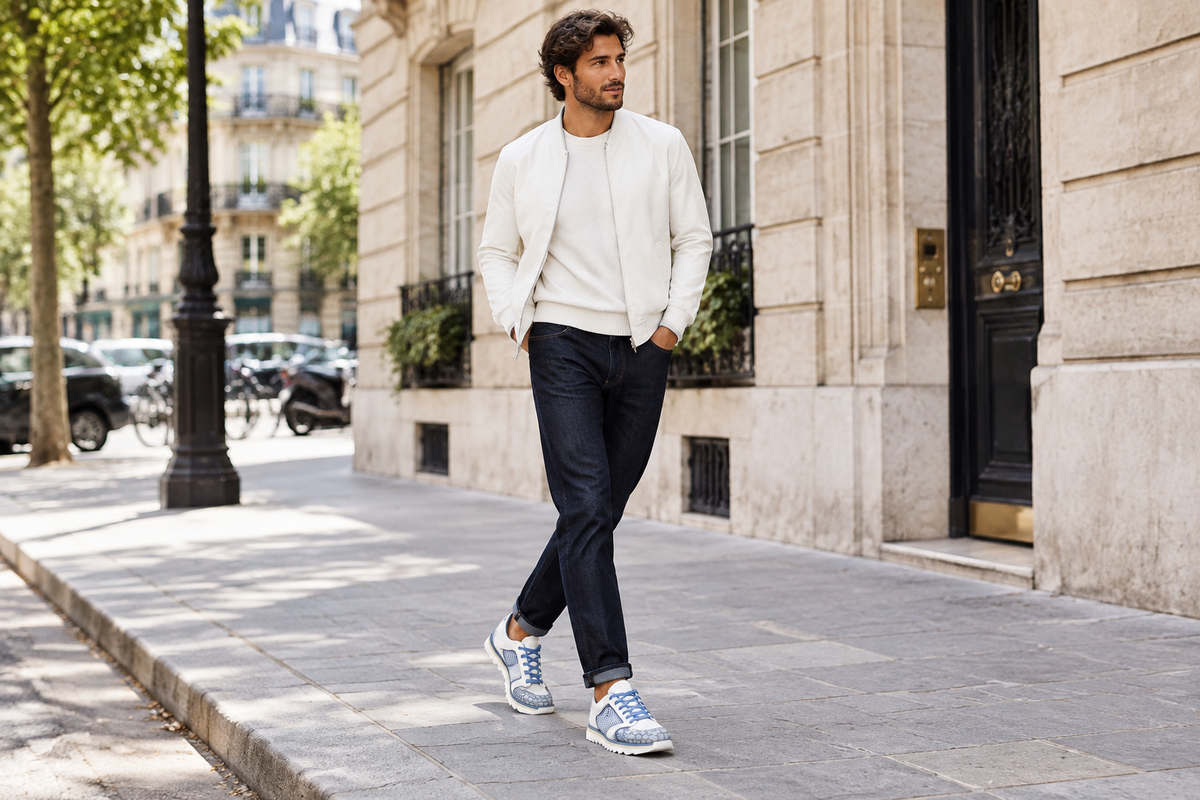 Extravaganter Herren Sneaker aus Leder in Weiß und Royalblau mit edler Prägung