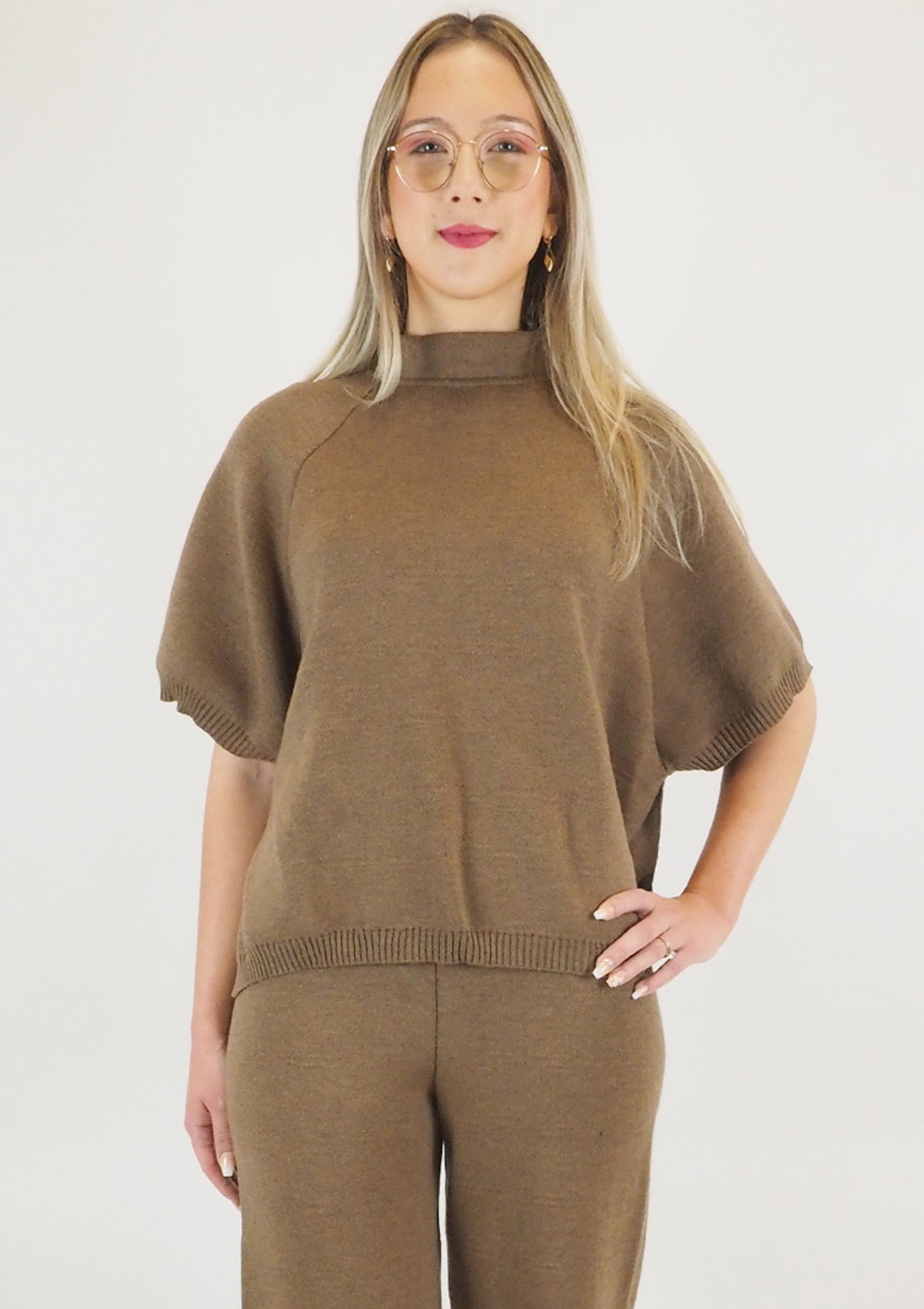 Damen Kurzarmpullover aus Schurwolle in Braun