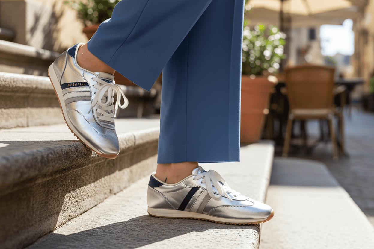 Cooler Damen Sneaker im Retrostil aus Leder in Silber mit Streifen Damen Sneaker Serafini 