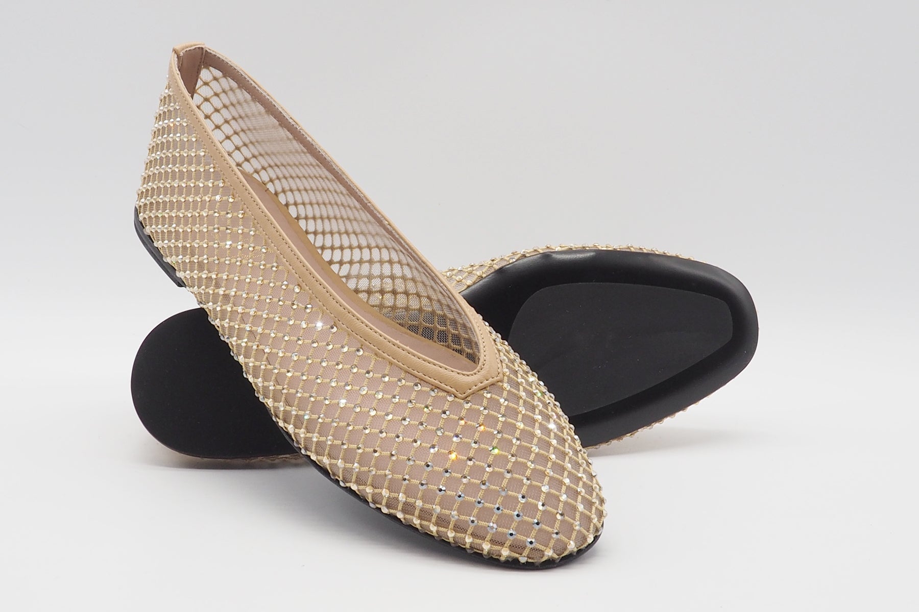 Damen Ballerina aus Mesh & Leder mit Strasssteinen besetzt in Beige Damen Ballerinas Promenade 