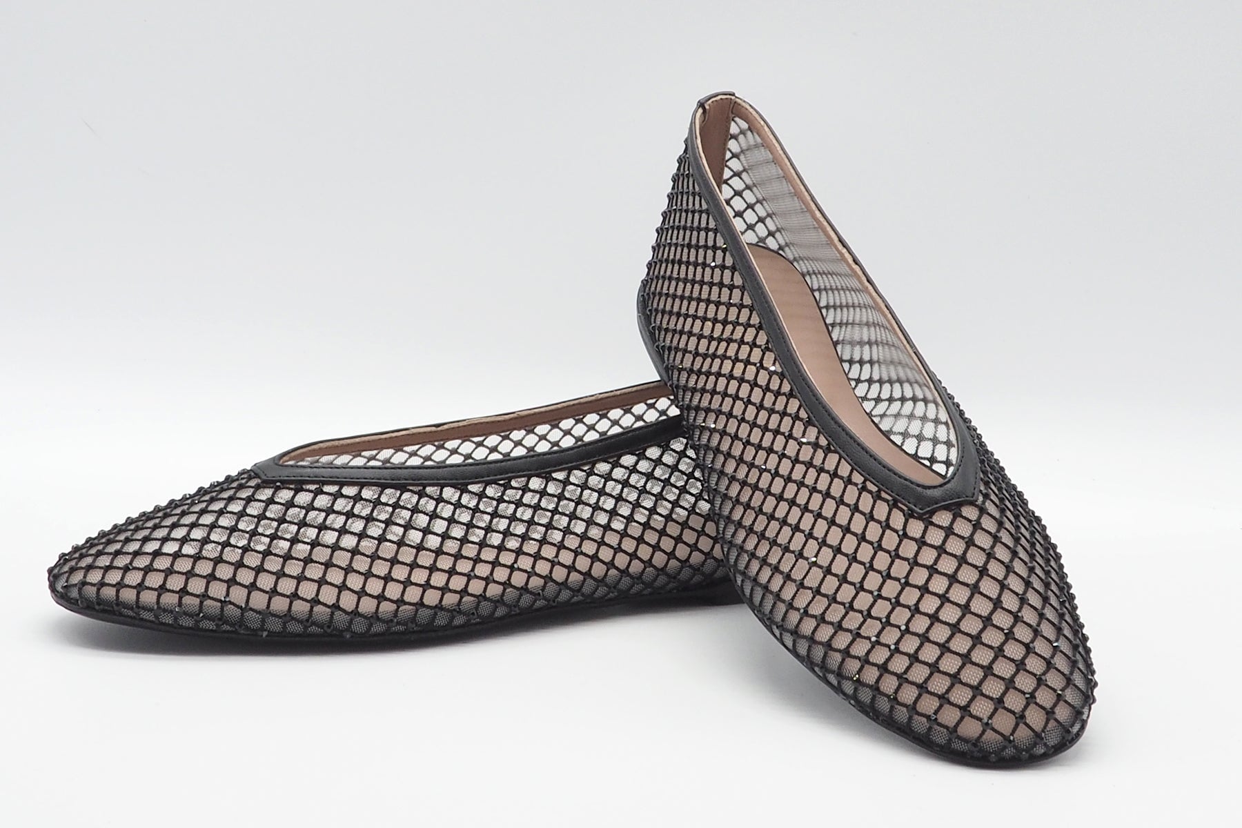 Damen Ballerina aus Mesh & Leder mit Strasssteinen besetzt in Schwarz Damen Ballerinas Promenade 
