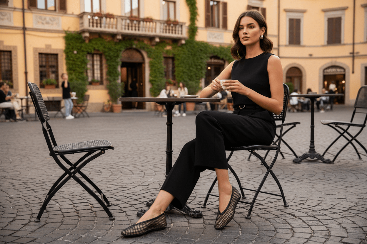 Damen Ballerina aus Mesh & Leder mit Strasssteinen besetzt in Schwarz Damen Ballerinas Promenade 