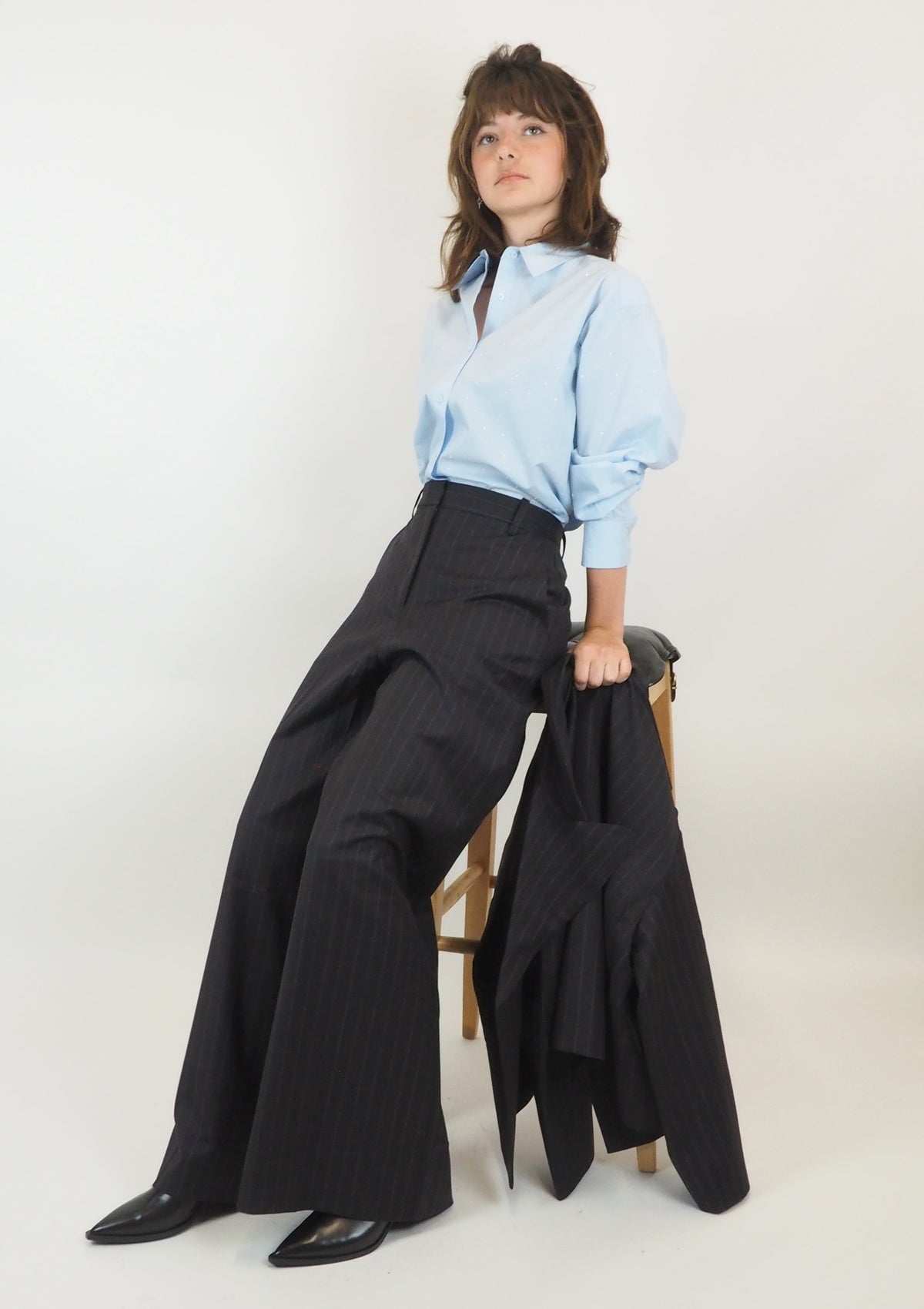 Damen Bluse aus Baumwolle mit Strasssteinen in Hellblau Damen Bluse Psophia 