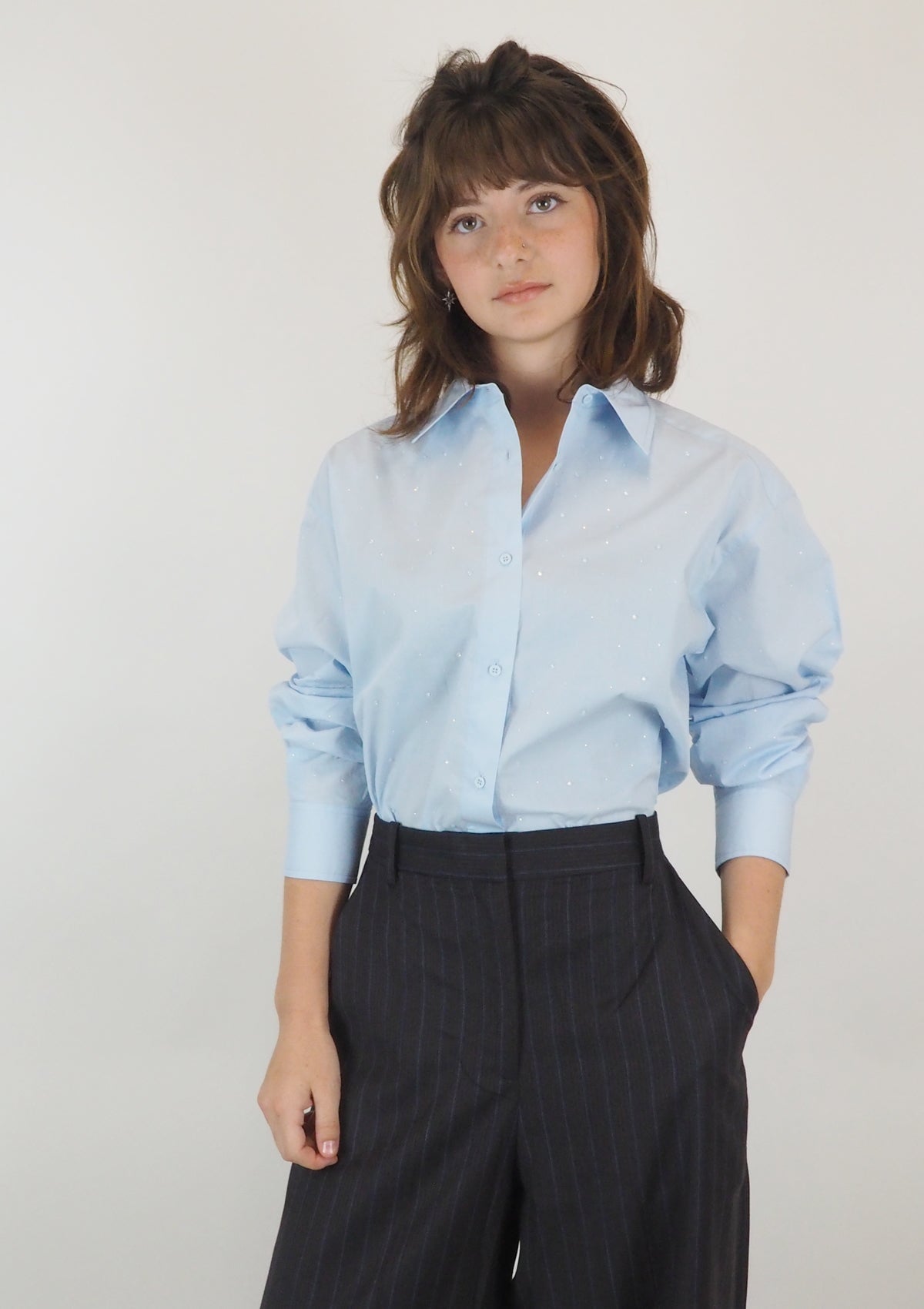 Damen Bluse aus Baumwolle mit Strasssteinen in Hellblau Damen Bluse Psophia 