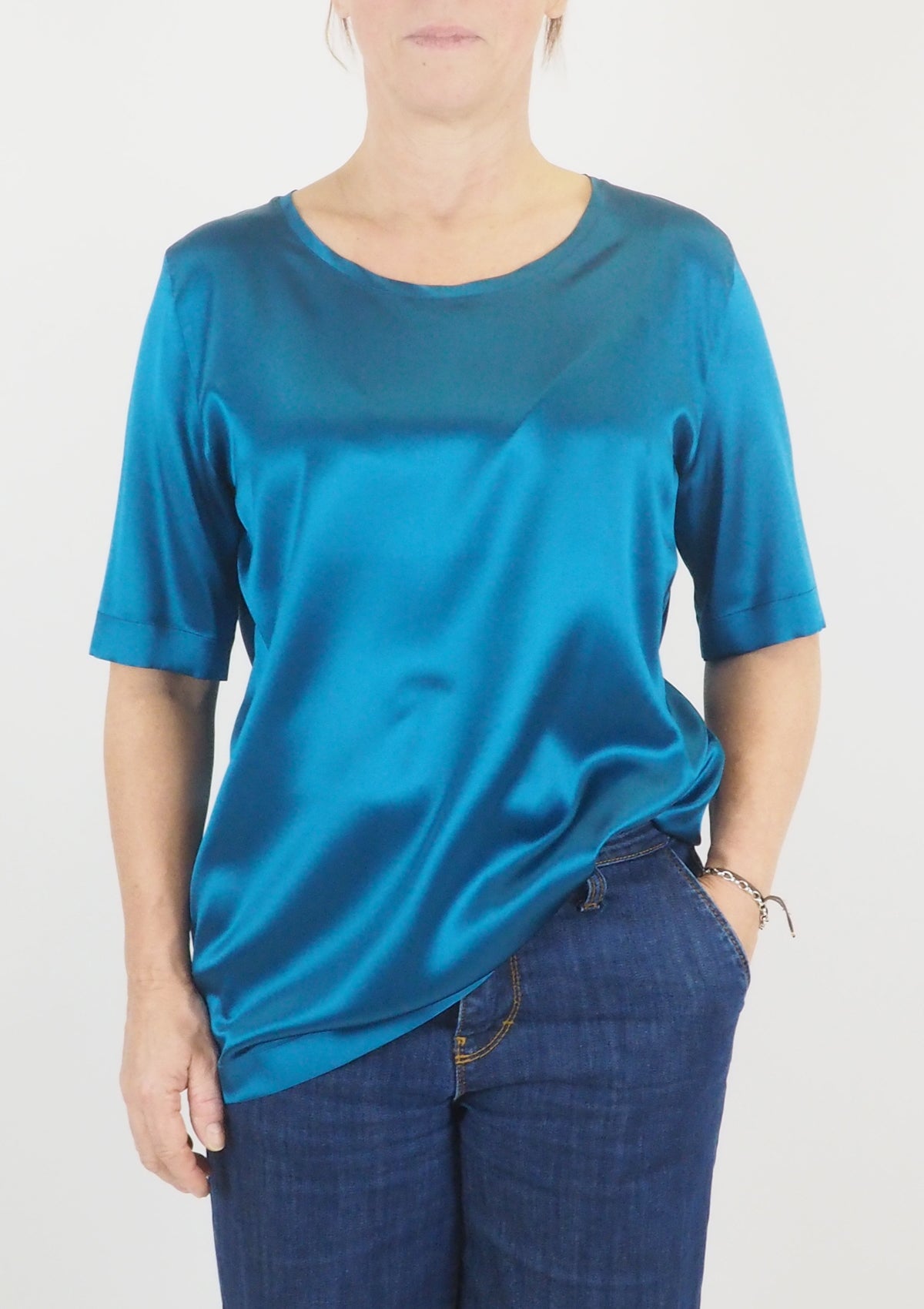 Damen Blusenshirt mit Kurzarm aus Seide in Petrolblau - Fermo Damen Bluse 24 Blooming 