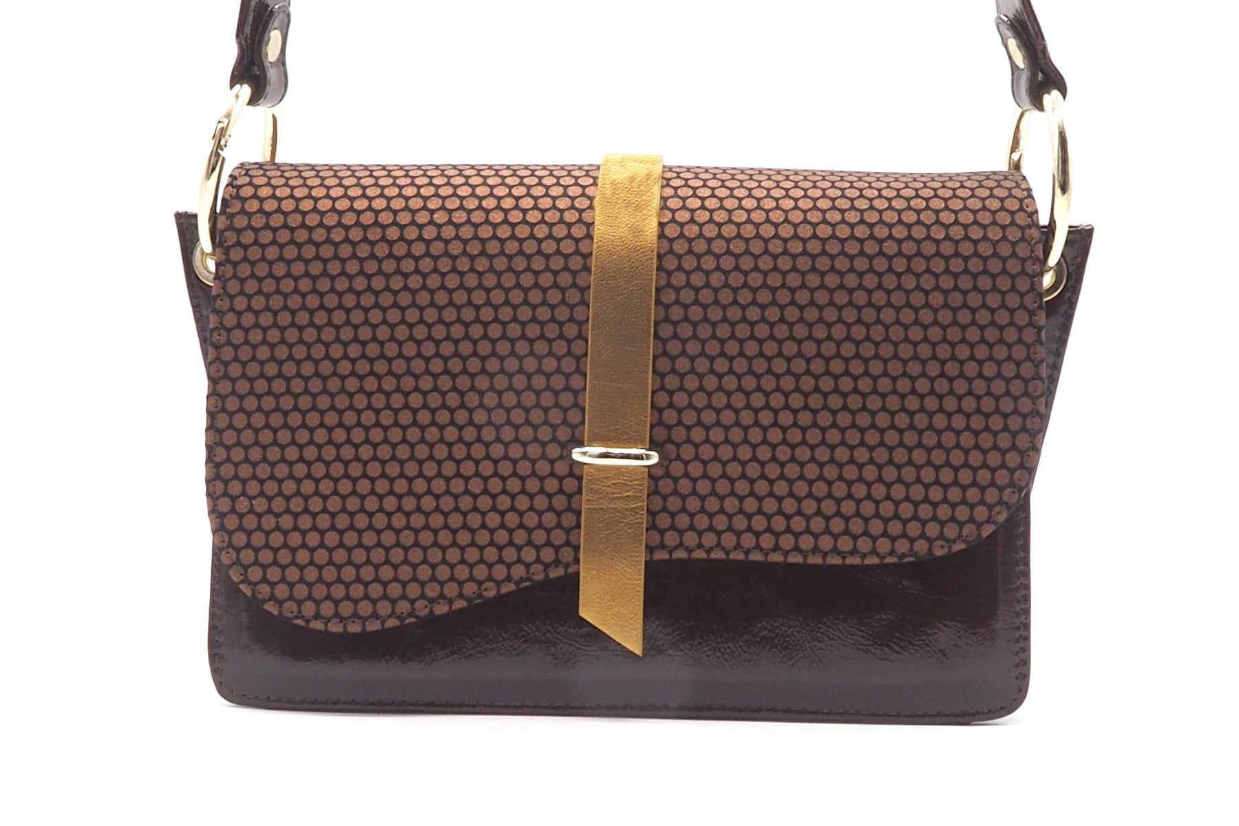 Damen Crossbodybag aus Lackleder Braun & bedrucktem Velours in Bronze Taschen Crossbody & Schultertasche Chie Mihara 