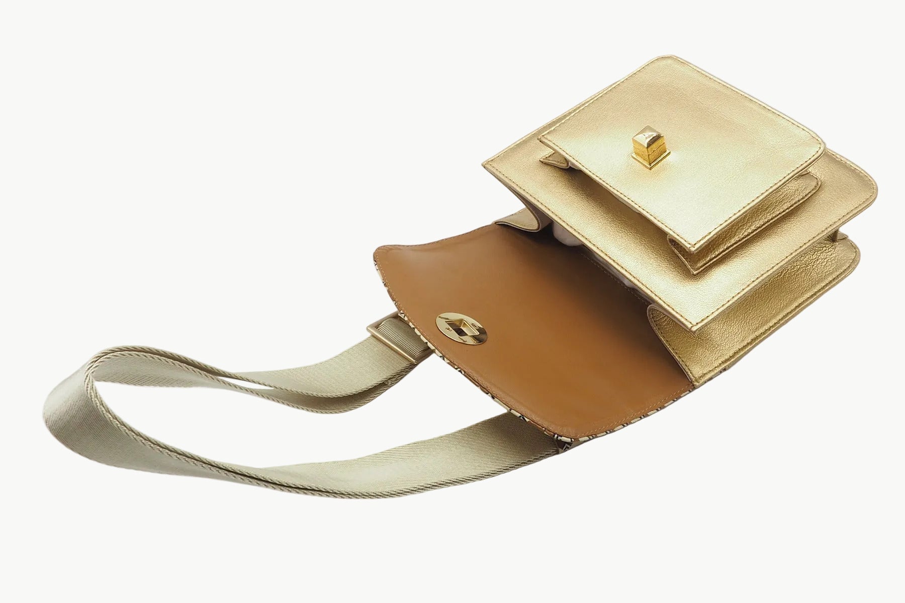 Damen Crossbodytasche in Gold & Überschlag aus bedrucktem Leder in Braun & Creme Taschen Crossbody & Schultertasche Chie Mihara 