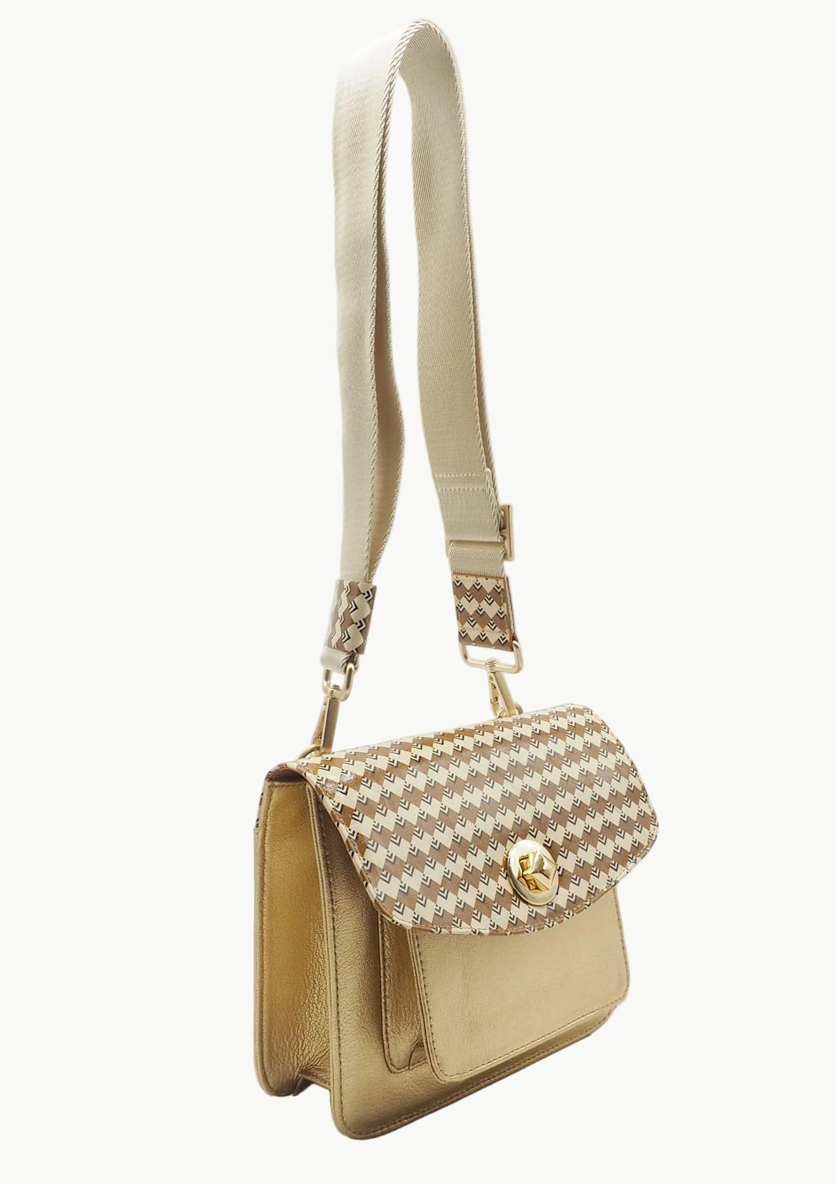 Damen Crossbodytasche in Gold & Überschlag aus bedrucktem Leder in Braun & Creme Taschen Crossbody & Schultertasche Chie Mihara 