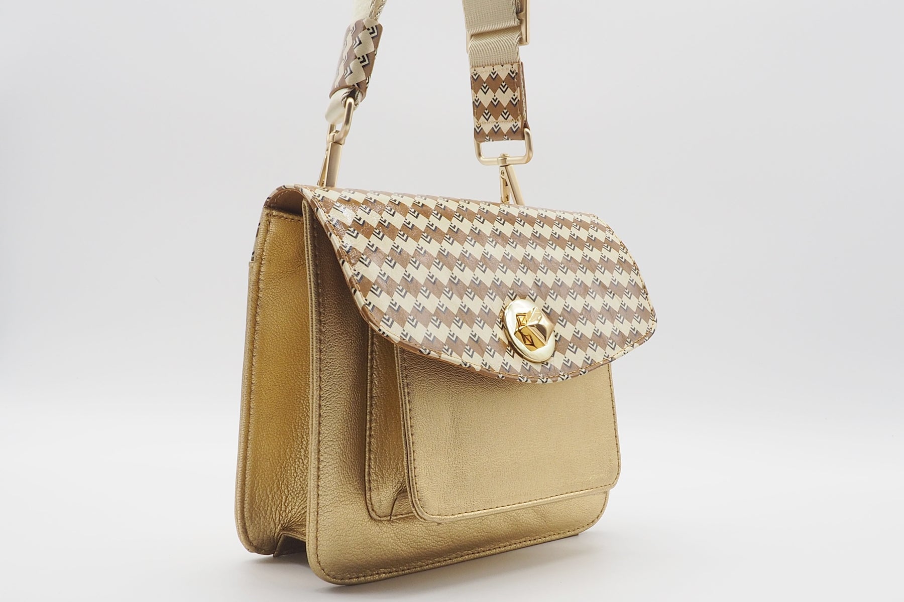 Damen Crossbodytasche in Gold & Überschlag aus bedrucktem Leder in Braun & Creme Taschen Crossbody & Schultertasche Chie Mihara 
