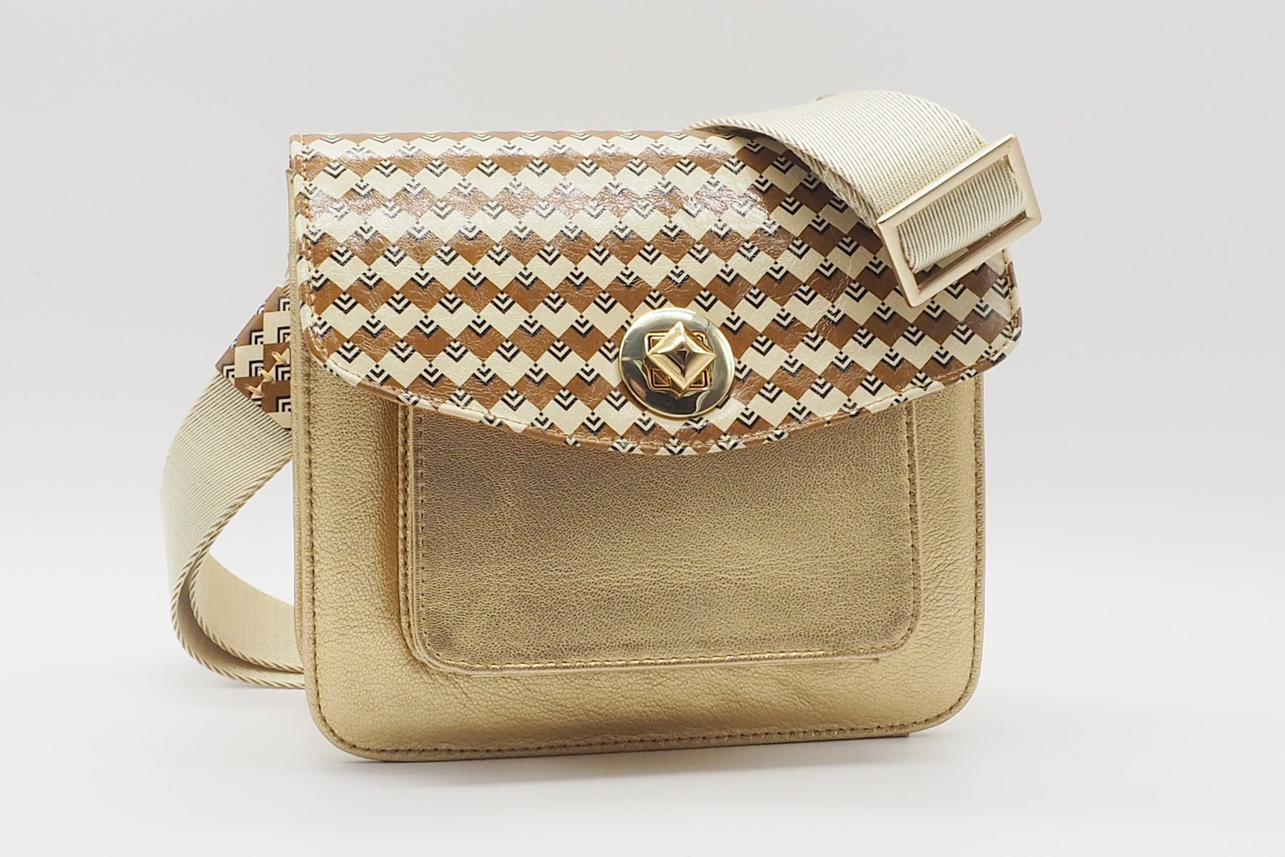Damen Crossbodytasche in Gold & Überschlag aus bedrucktem Leder in Braun & Creme Taschen Crossbody & Schultertasche Chie Mihara 