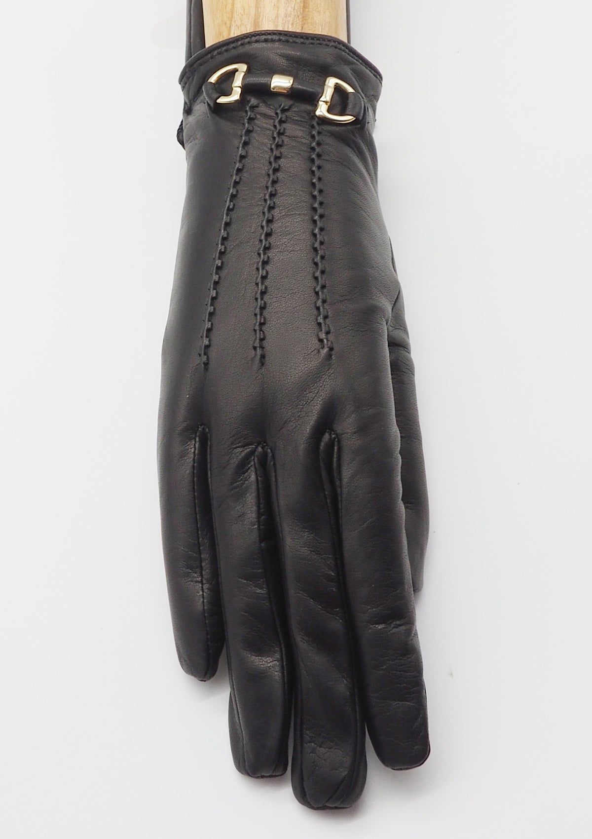 Damen Handschuhe aus Leder in Schwarz mit Goldschnalle - Innenfutter Kaschmir Damen Handschuhe C. Gloves 