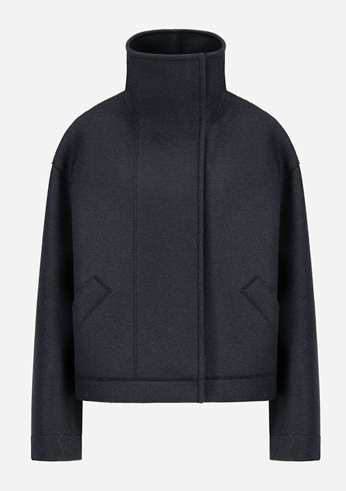 Damen Jacke im Bikerstil mit Stehkragen aus feinster Wolle in Dunkelblau Damen Mantel Harris Wharf London 