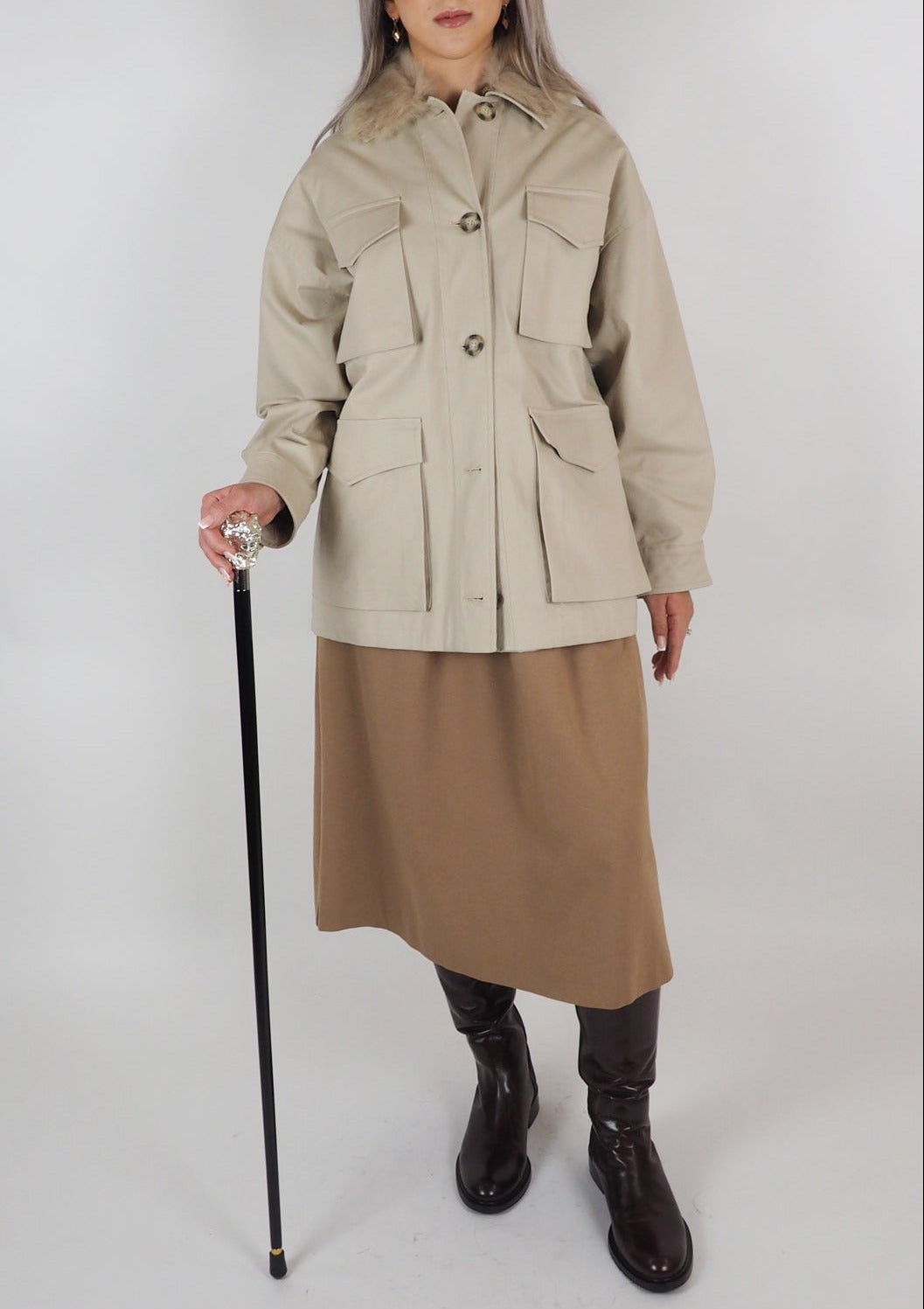 Damen Jacke im Cargo-Stil mit abnehmbarem Kragen in Beige - Luisa Damen Jacke Benedetta Novi 