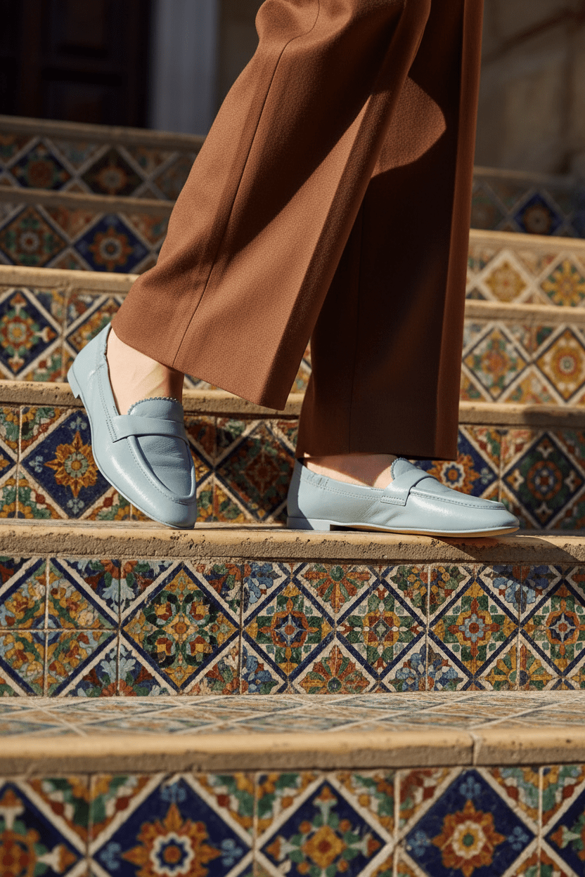 Damen Loafer aus Leder in Hellblau - Sacchettomachart - 1 cm Absatz Damen Loafers & Schnürer Pomme D'or 