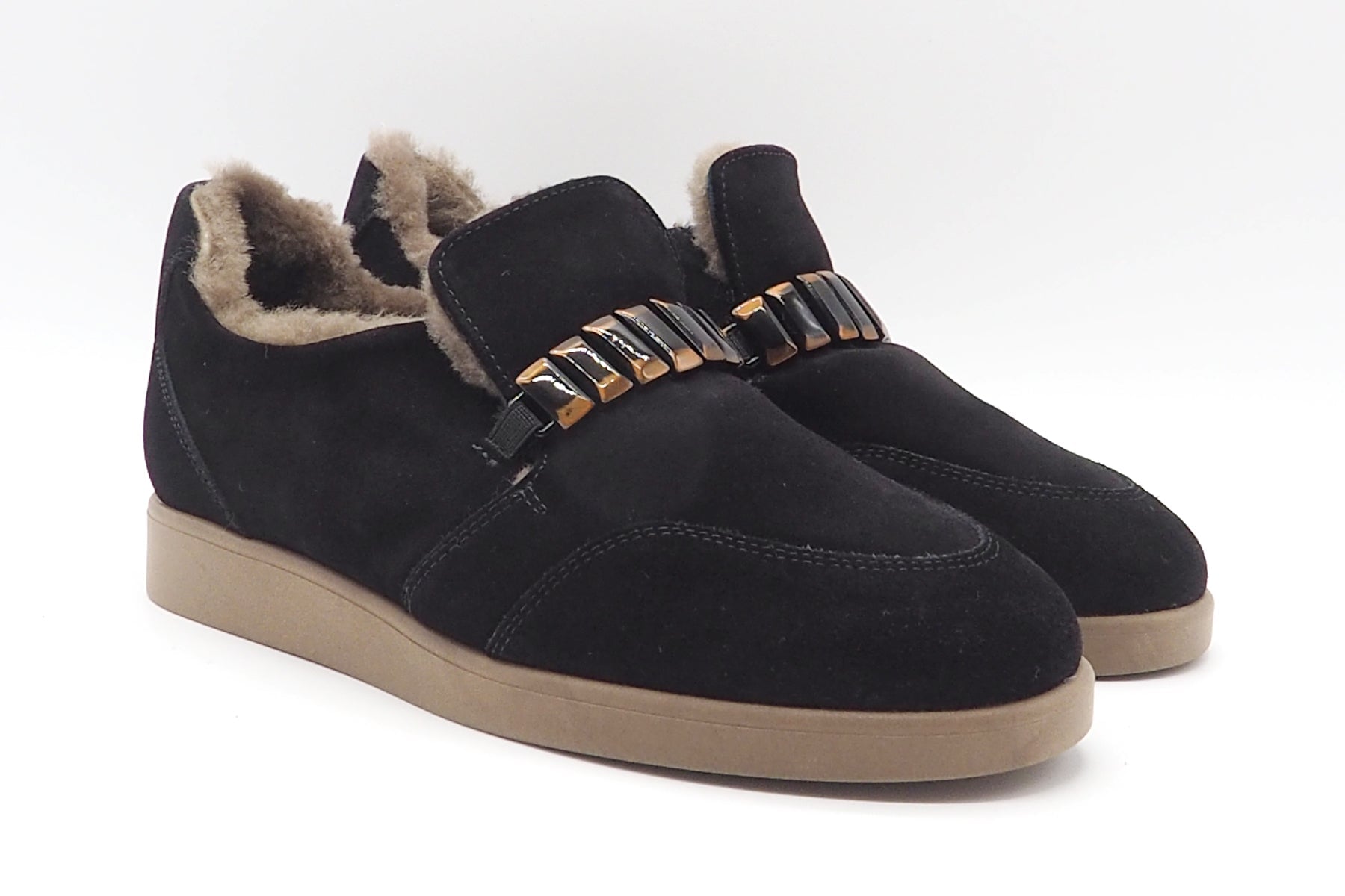 Damen Loafer aus Veloursleder in Schwarz mit dekorativer Schnalle & Lammfellfutter Damen Loafers & Schnürer Brunate 