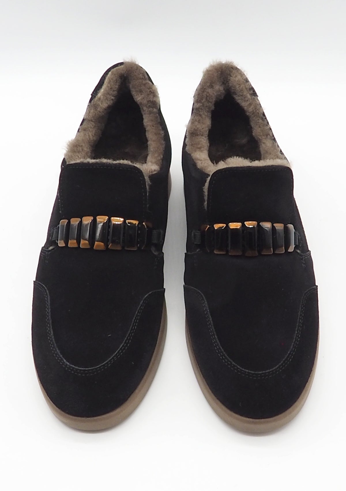 Damen Loafer aus Veloursleder in Schwarz mit dekorativer Schnalle & Lammfellfutter Damen Loafers & Schnürer Brunate 