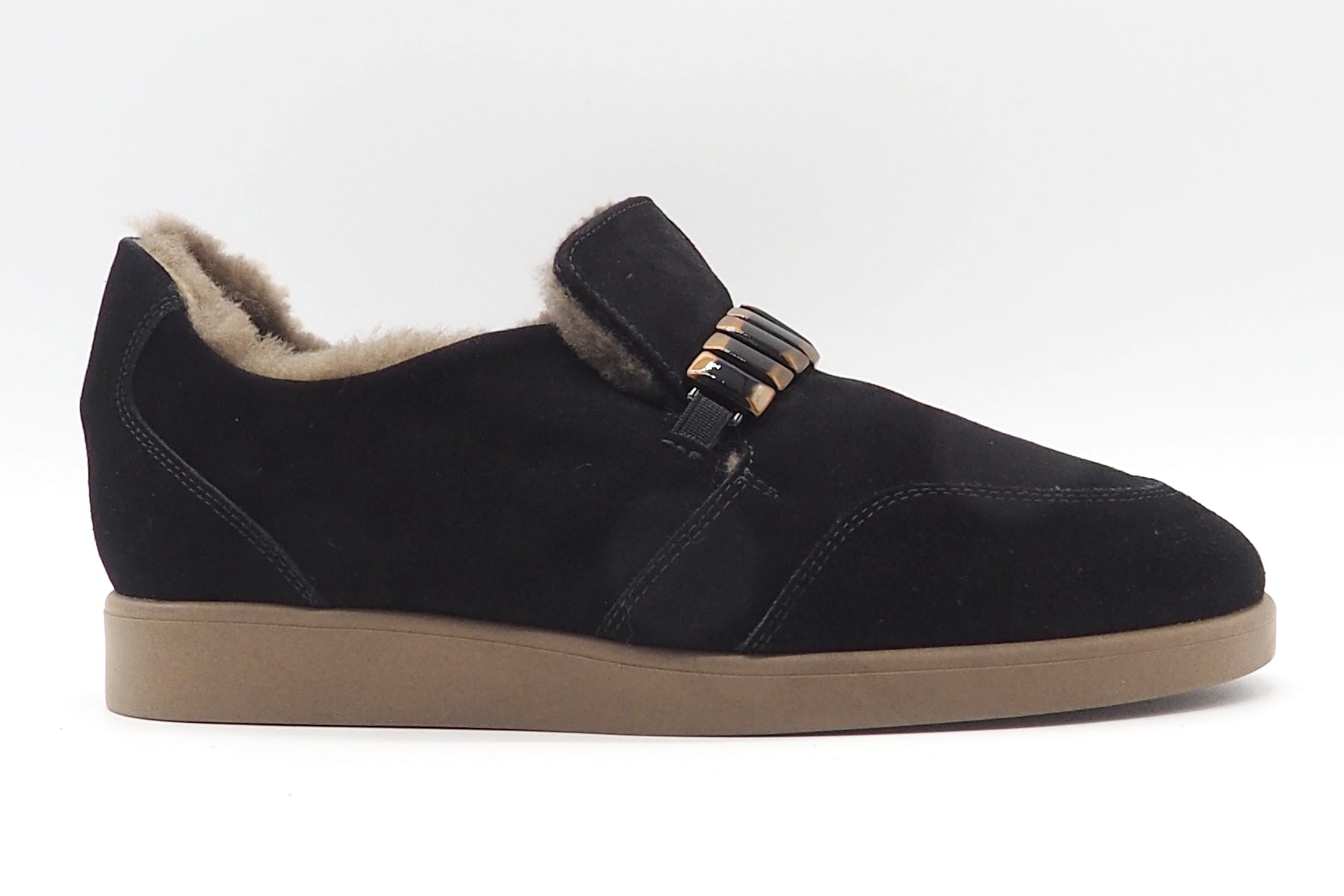 Damen Loafer aus Veloursleder in Schwarz mit dekorativer Schnalle & Lammfellfutter Damen Loafers & Schnürer Brunate 