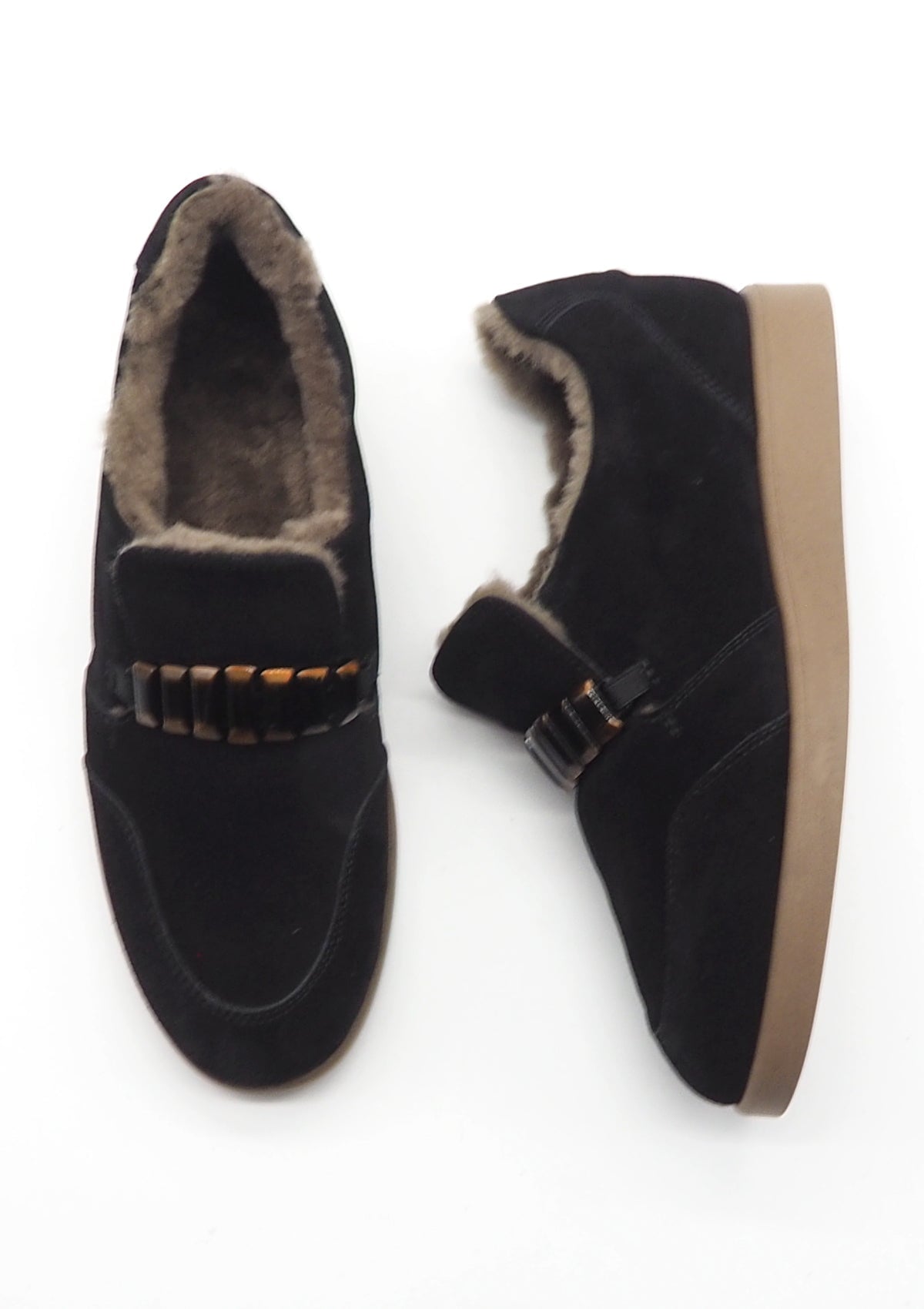 Damen Loafer aus Veloursleder in Schwarz mit dekorativer Schnalle & Lammfellfutter Damen Loafers & Schnürer Brunate 