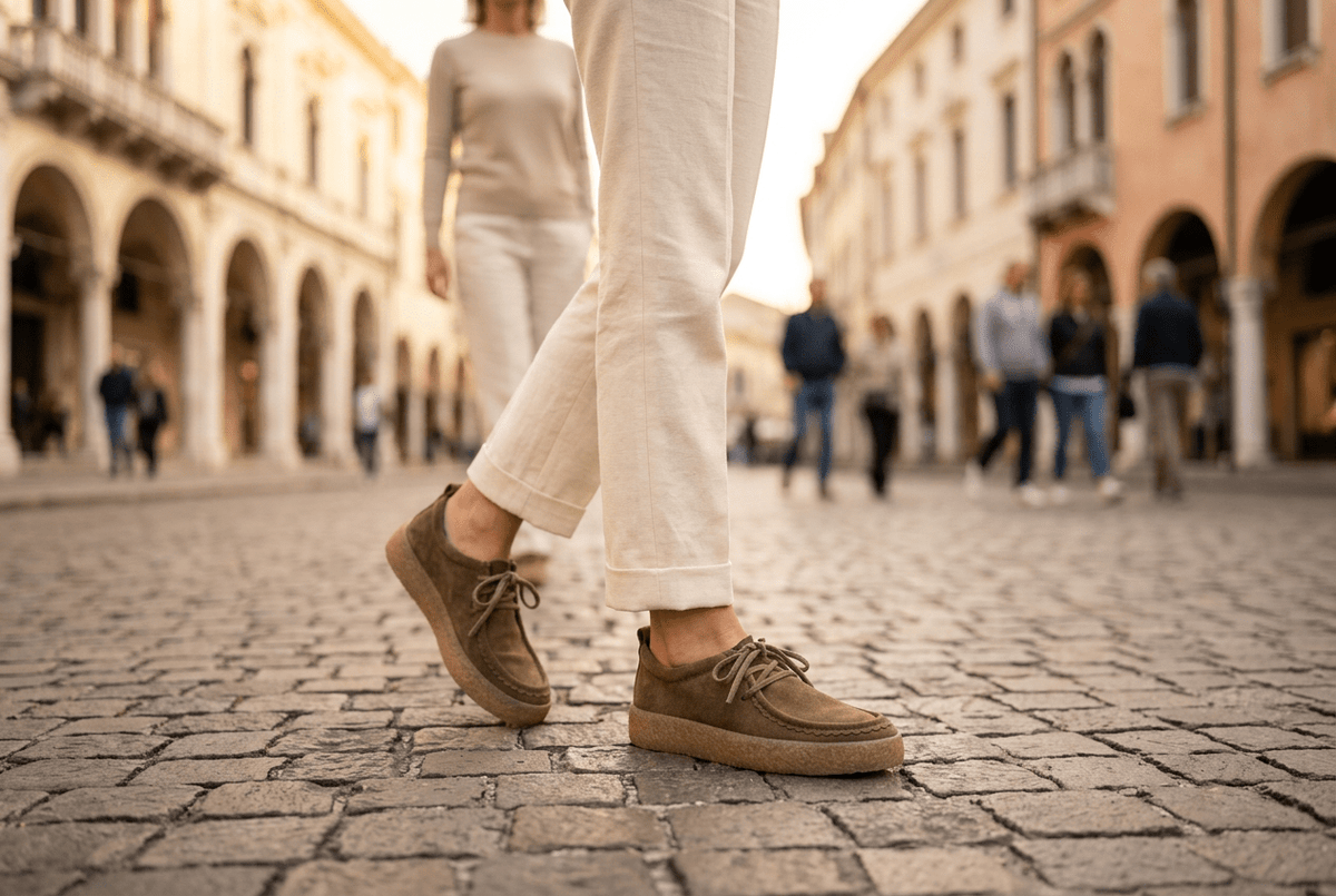 Damen-Moccasinschnürer aus Veloursleder in Braun mit Kreppsohlenoptik Damen Loafers & Schnürer Kennel & Schmenger 