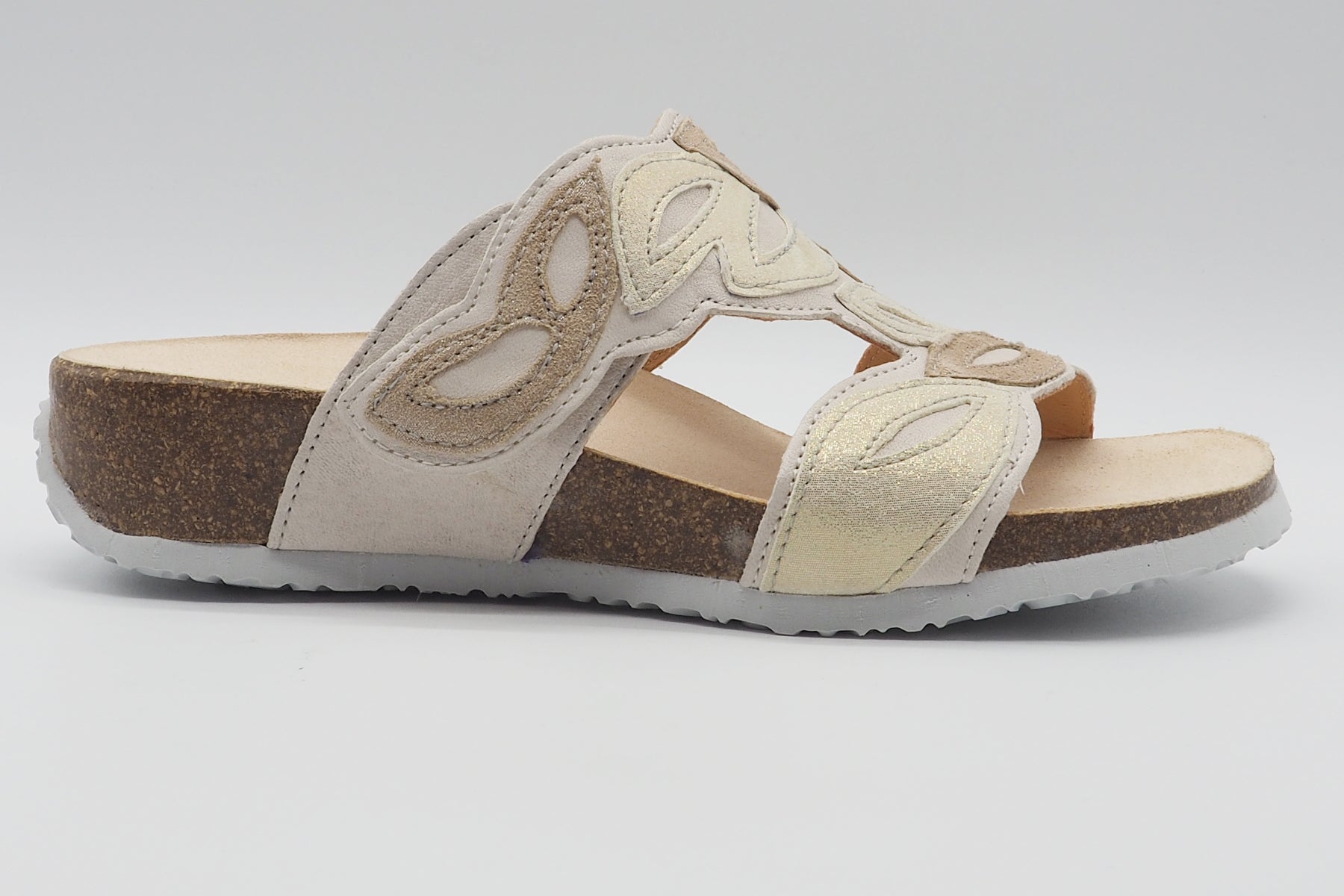 Damen Pantoffel "Mizzi" aus Leder in Creme & Gold mit Naturfußbett Damen Naturfußbett Think 