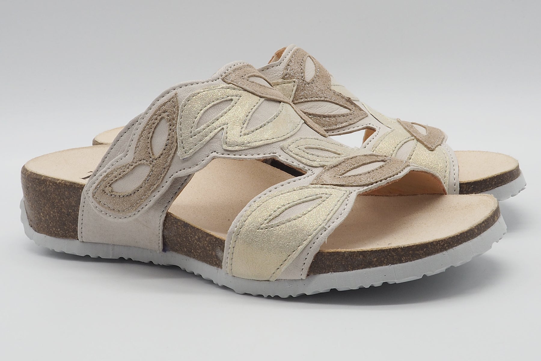 Damen Pantoffel "Mizzi" aus Leder in Creme & Gold mit Naturfußbett Damen Naturfußbett Think 