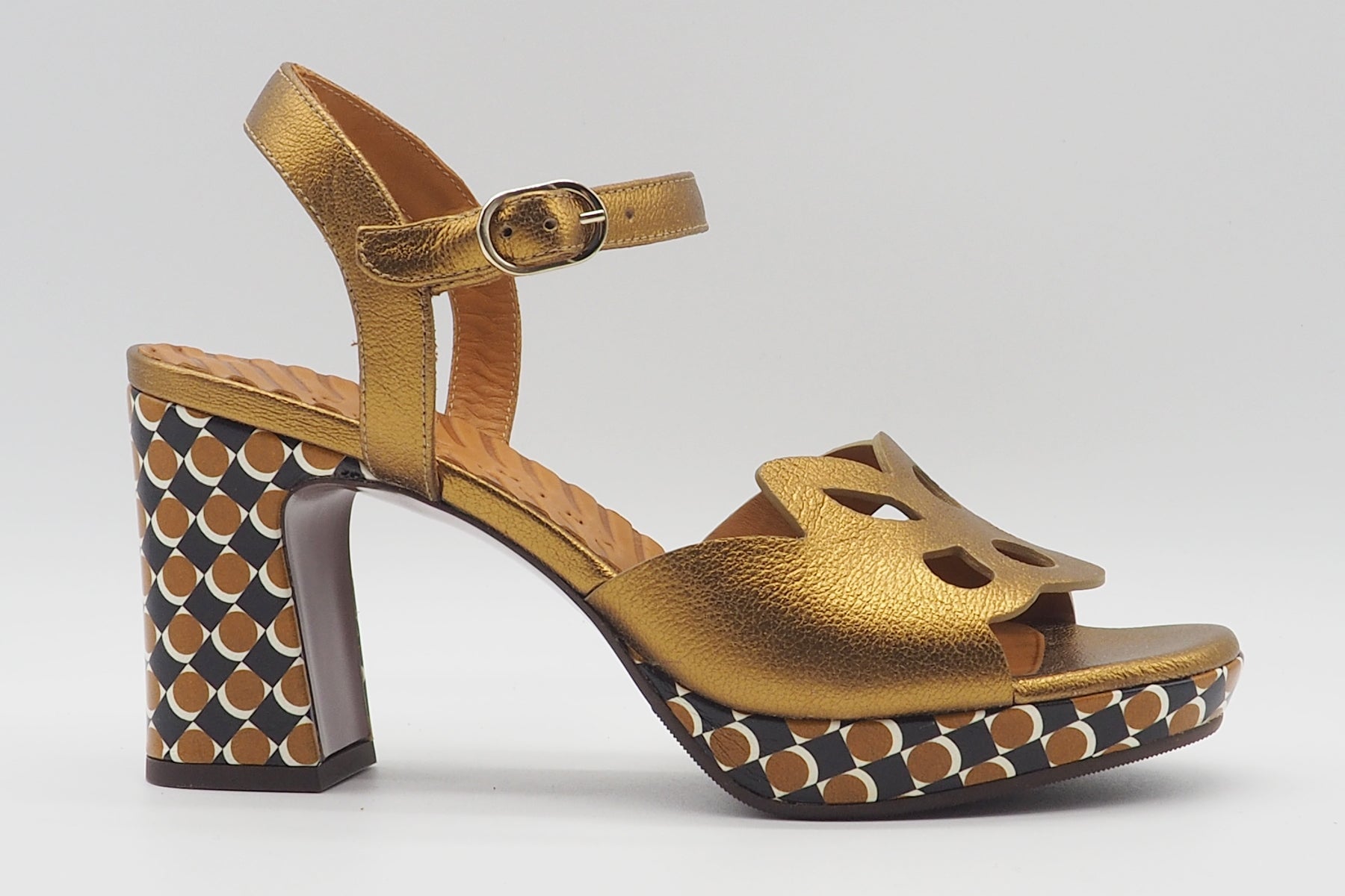 Damen Plateausandale in Bronce & graphischem Leder - 9 cm Absatz - Kemada Damen Sandalen Chie Mihara 