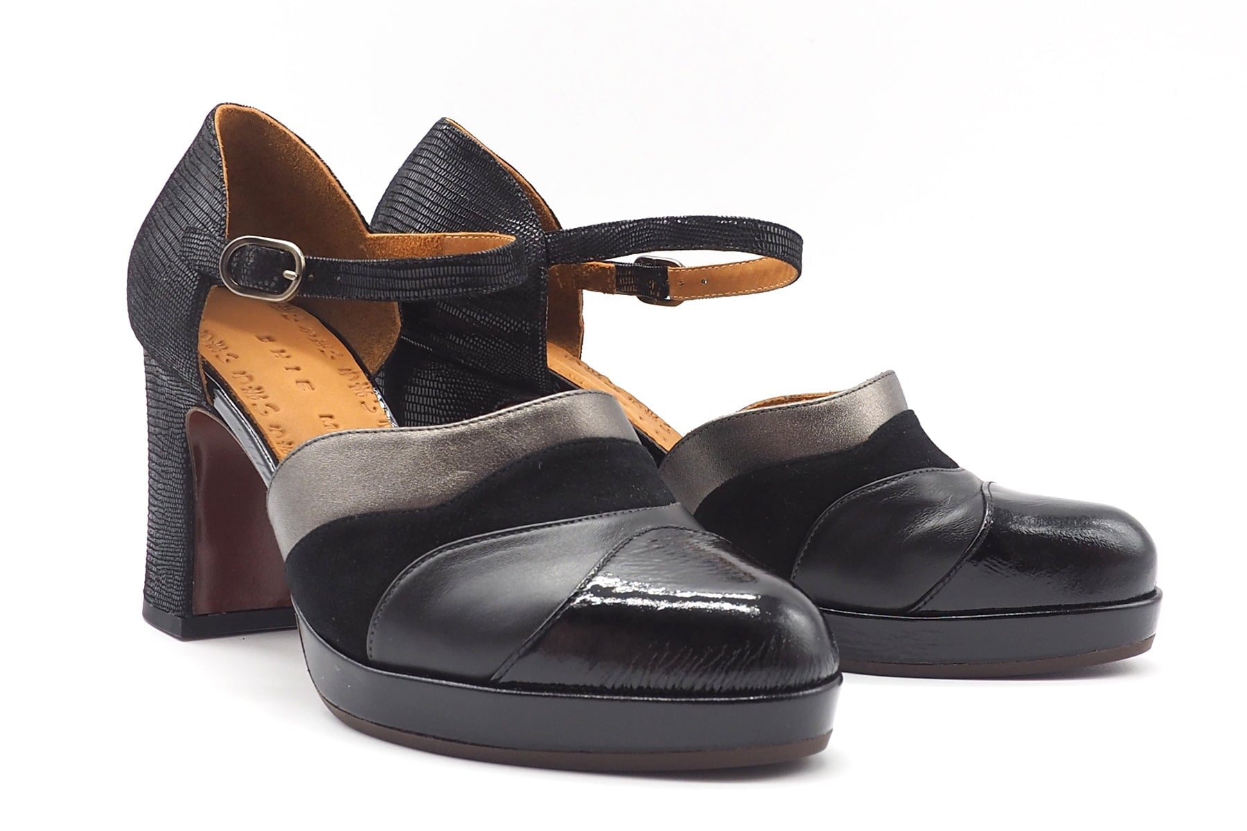 Damen Pumps mit Ristspange in Lederkombi in Schwarz mit Plateau - Dalian Damen Loafers & Schnürer Chie Mihara 