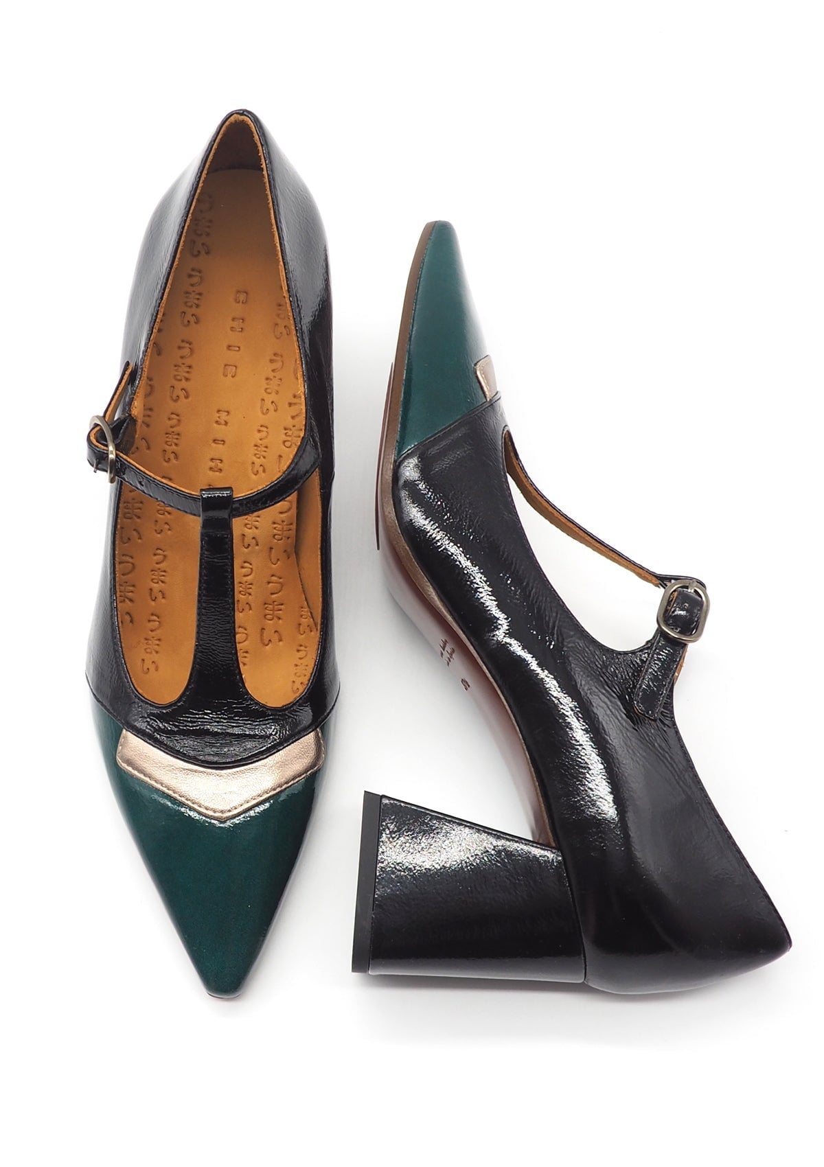 Damen Pumps mit T-Spange in Lackleder in Schwarz & Grün - Aumi Damen Pumps Chie Mihara 