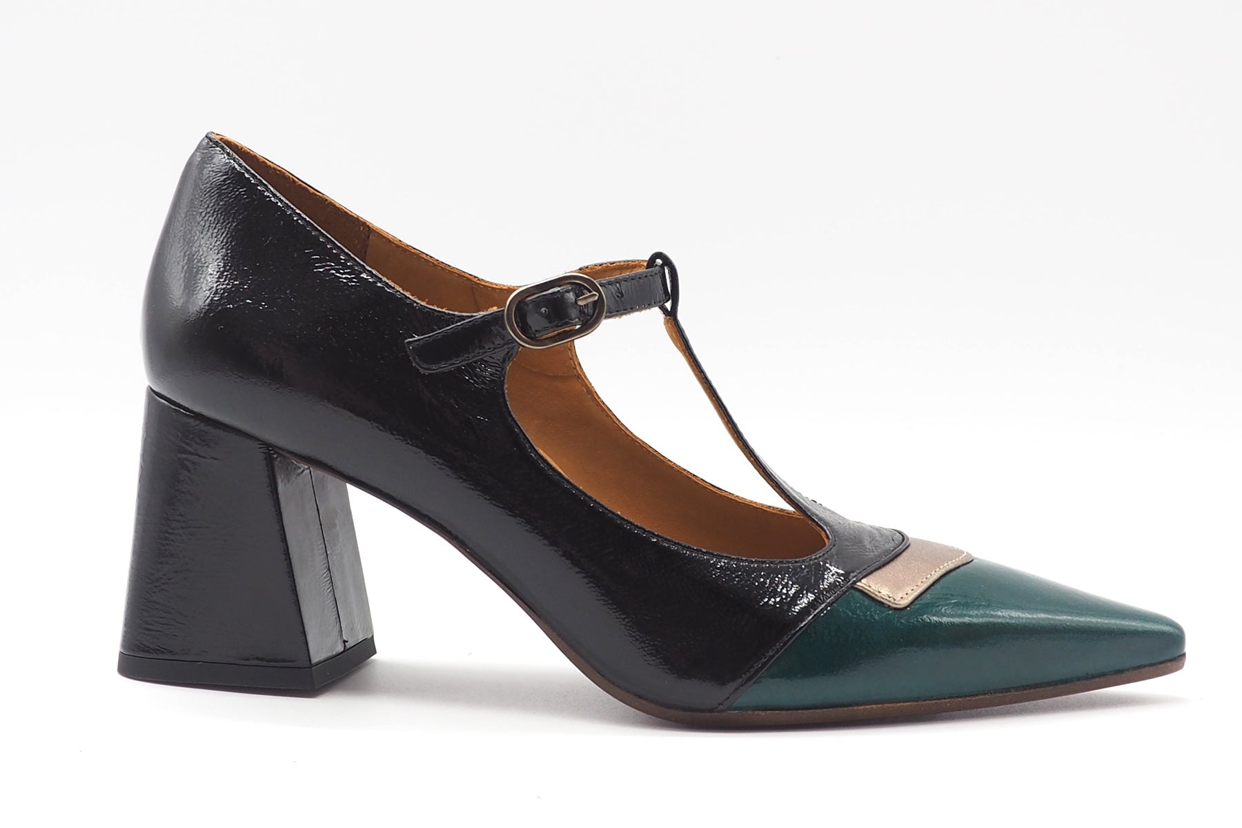 Damen Pumps mit T-Spange in Lackleder in Schwarz & Grün - Aumi Damen Pumps Chie Mihara 