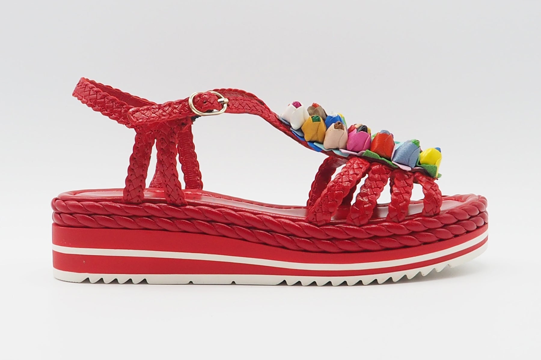 Damen Sandale aus geflochtenem Leder in Rot mit bunte Blumen - Absatz 4cm Damen Sandalen Pons Quintana 