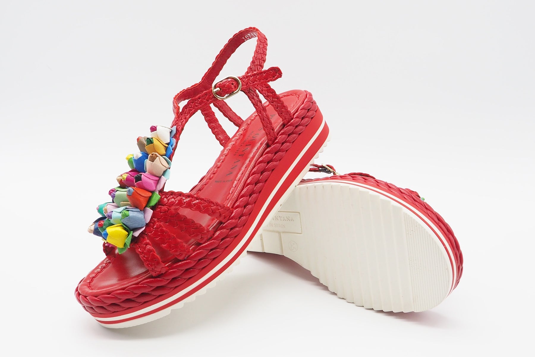 Damen Sandale aus geflochtenem Leder in Rot mit bunte Blumen - Absatz 4cm Damen Sandalen Pons Quintana 