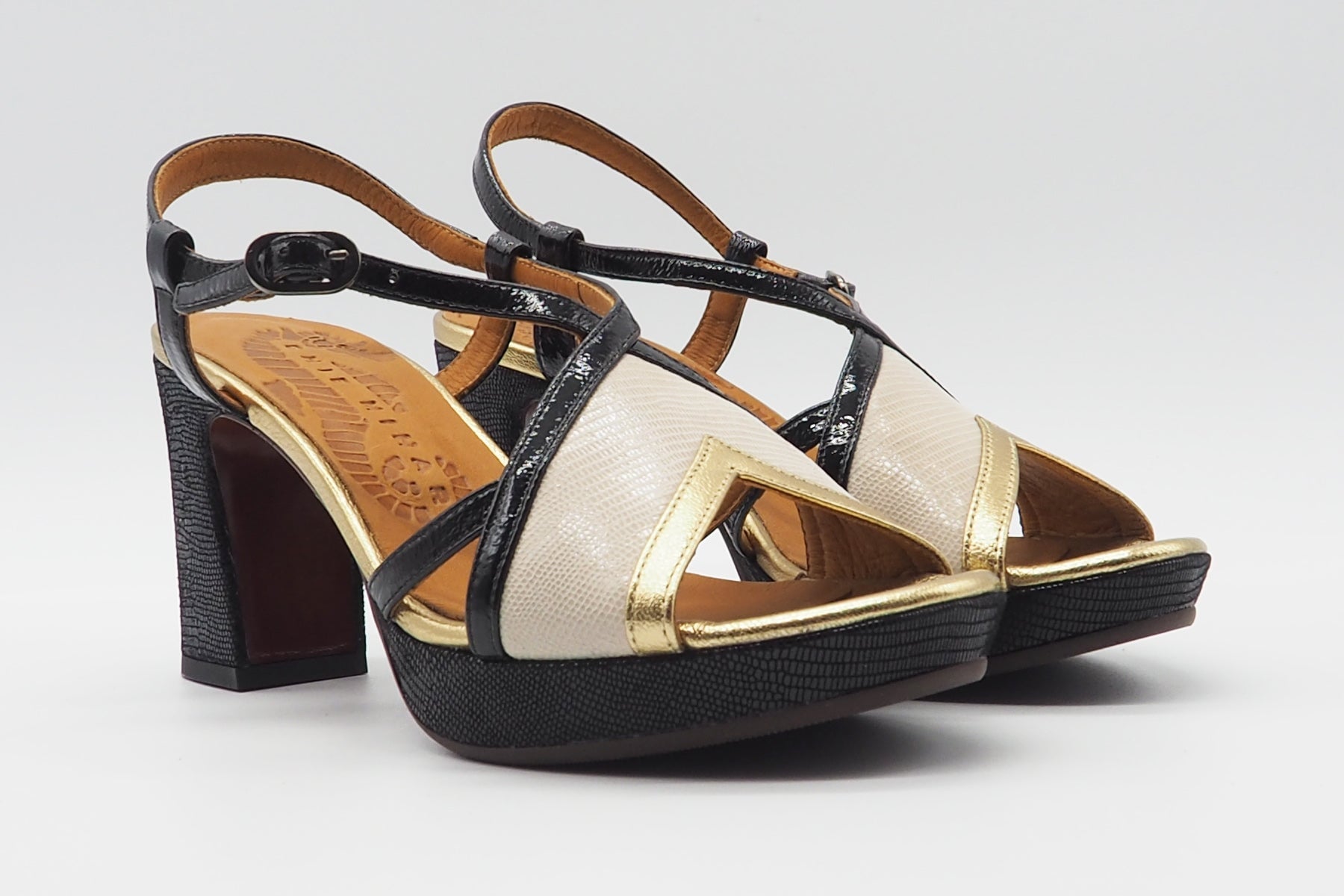 Damen Sandale aus Leder in Schwarz & Beige - Kat - Absatz 9cm Damen Sandalen Chie Mihara 
