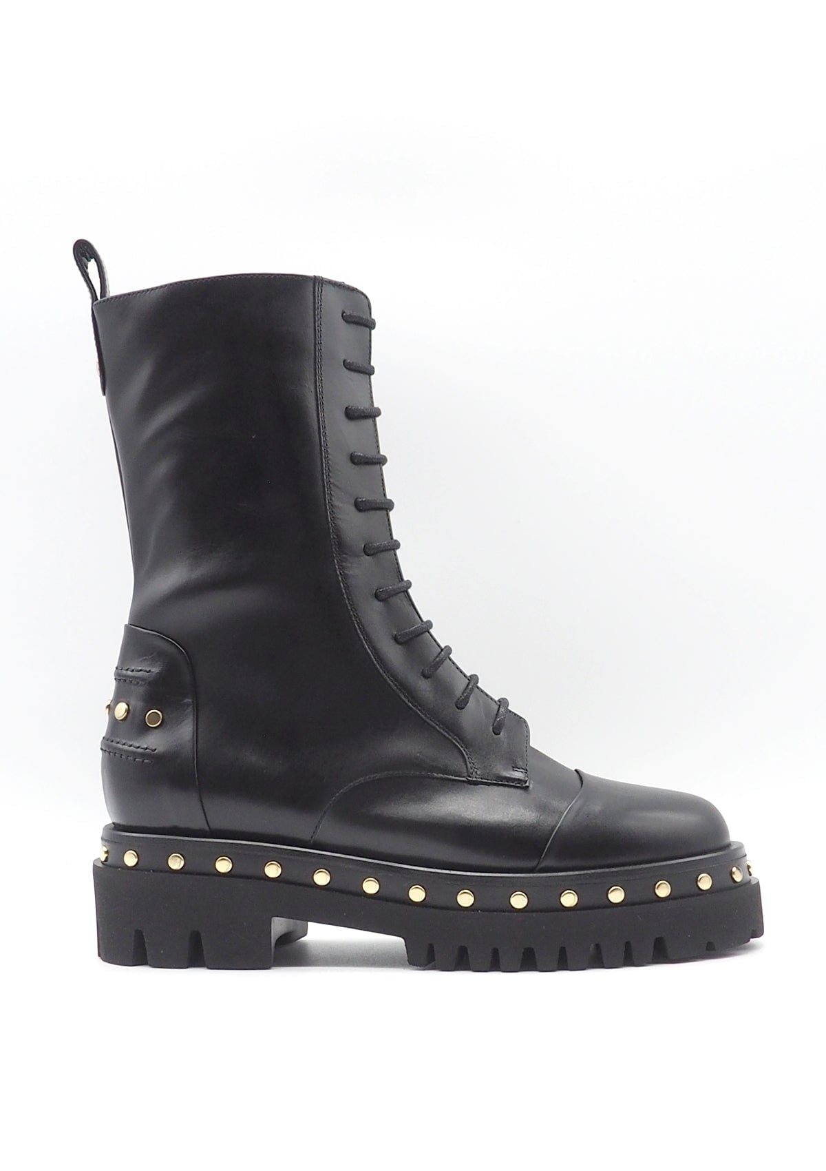 Damen Schnürboot aus schwarzem Glattleder mit Goldnieten & Profilsohle Damen Schnürboots Truman´s 