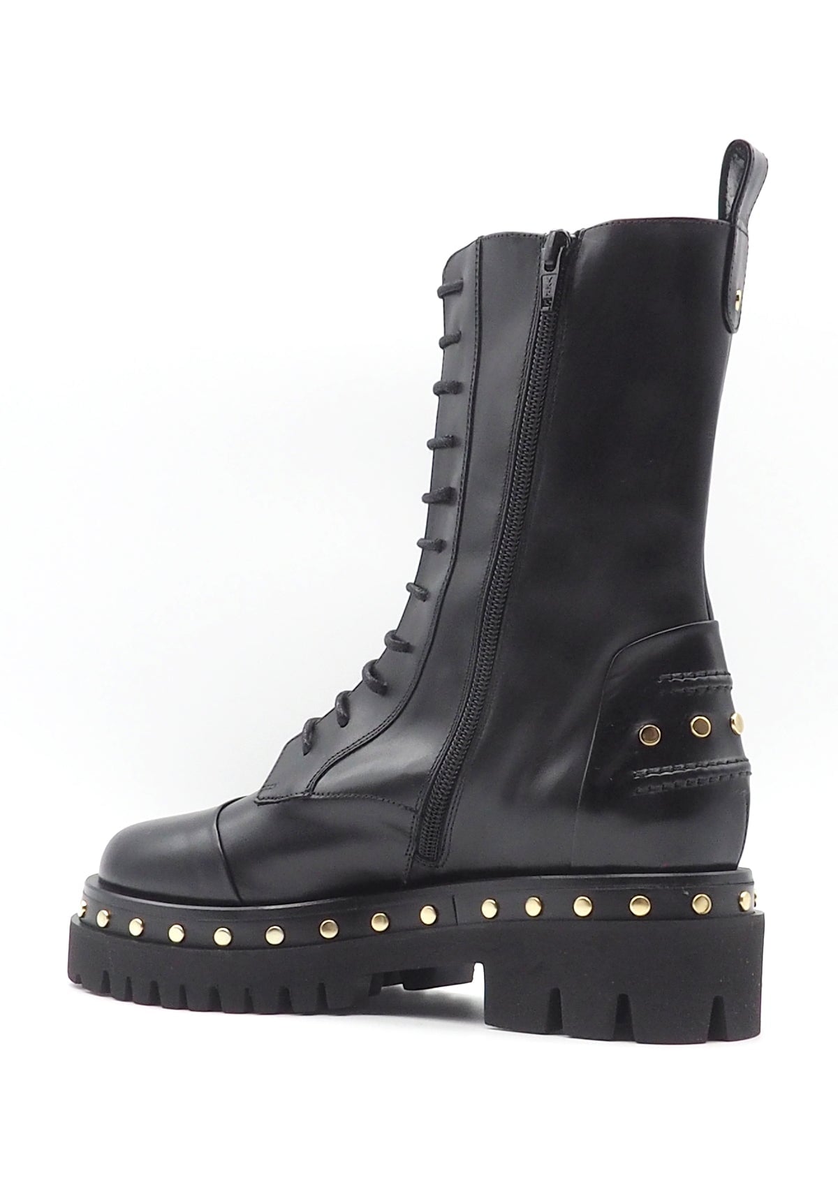 Damen Schnürboot aus schwarzem Glattleder mit Goldnieten & Profilsohle Damen Schnürboots Truman´s 