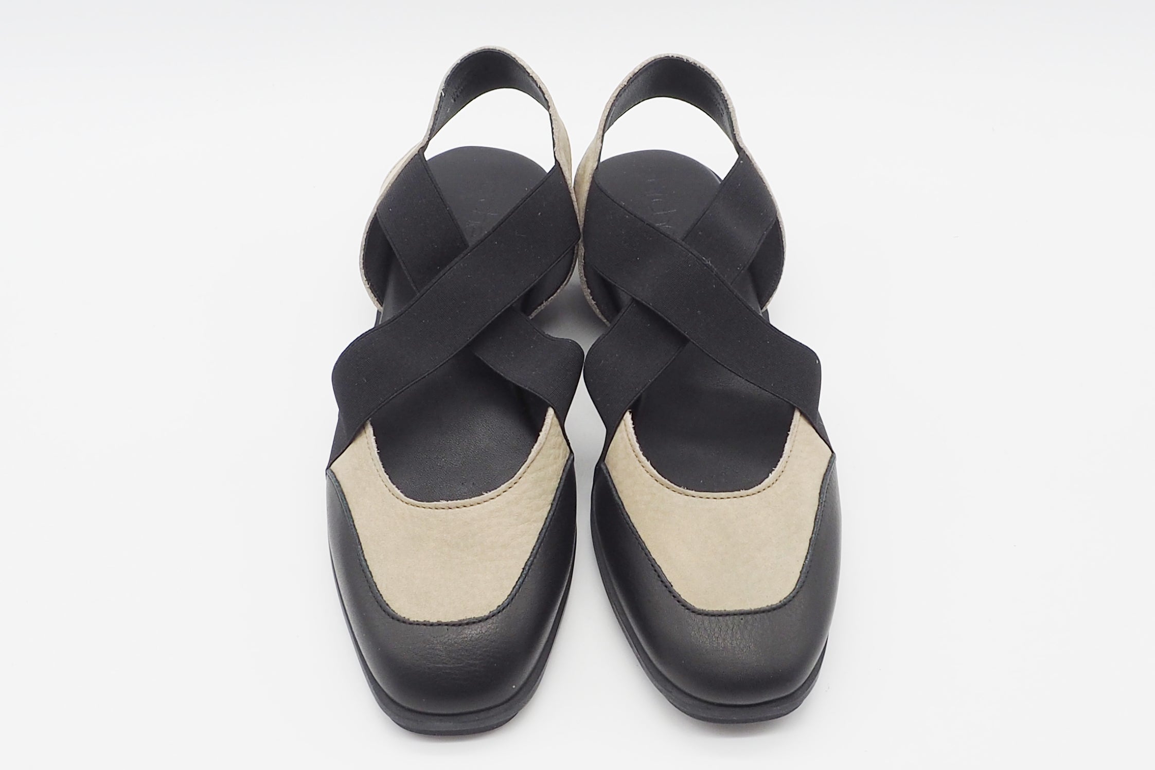 Damen Sling aus Leder in Schwarz & Creme mit Ristriemen auf Naturkautschuksohle - Dinaby Damen Sling Arche 