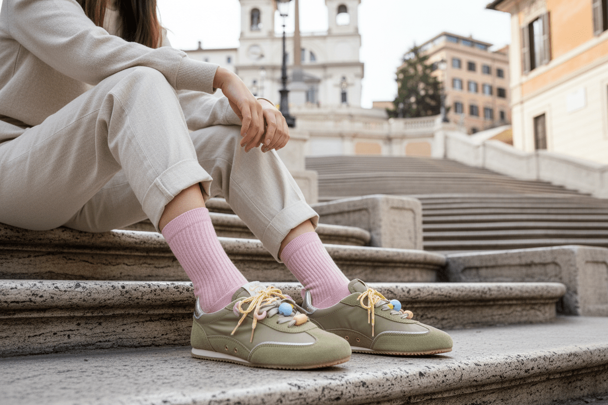Damen Sneaker im Retrostil aus Velours & Nylon in Olivgrün mit Dekor Damen Sneaker Serafini 