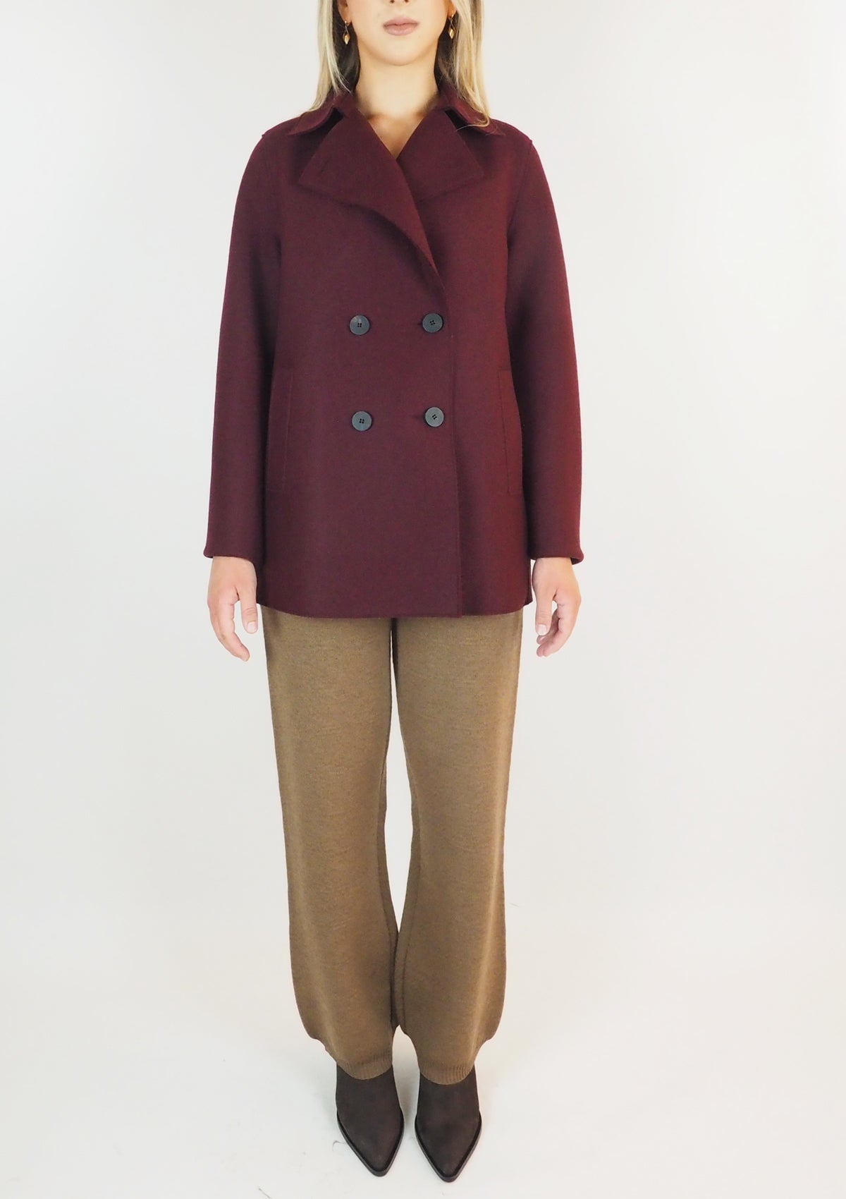 Doppelreihige Damen Blazerjacke aus gepresster Wolle - in Bordeaux Damen Mantel Harris Wharf London 