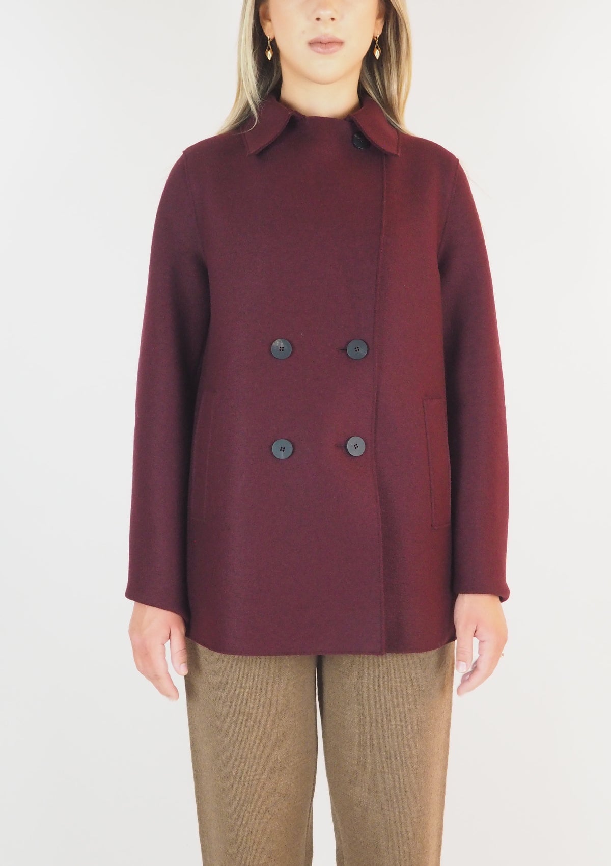 Doppelreihige Damen Blazerjacke aus gepresster Wolle - in Bordeaux Damen Mantel Harris Wharf London 